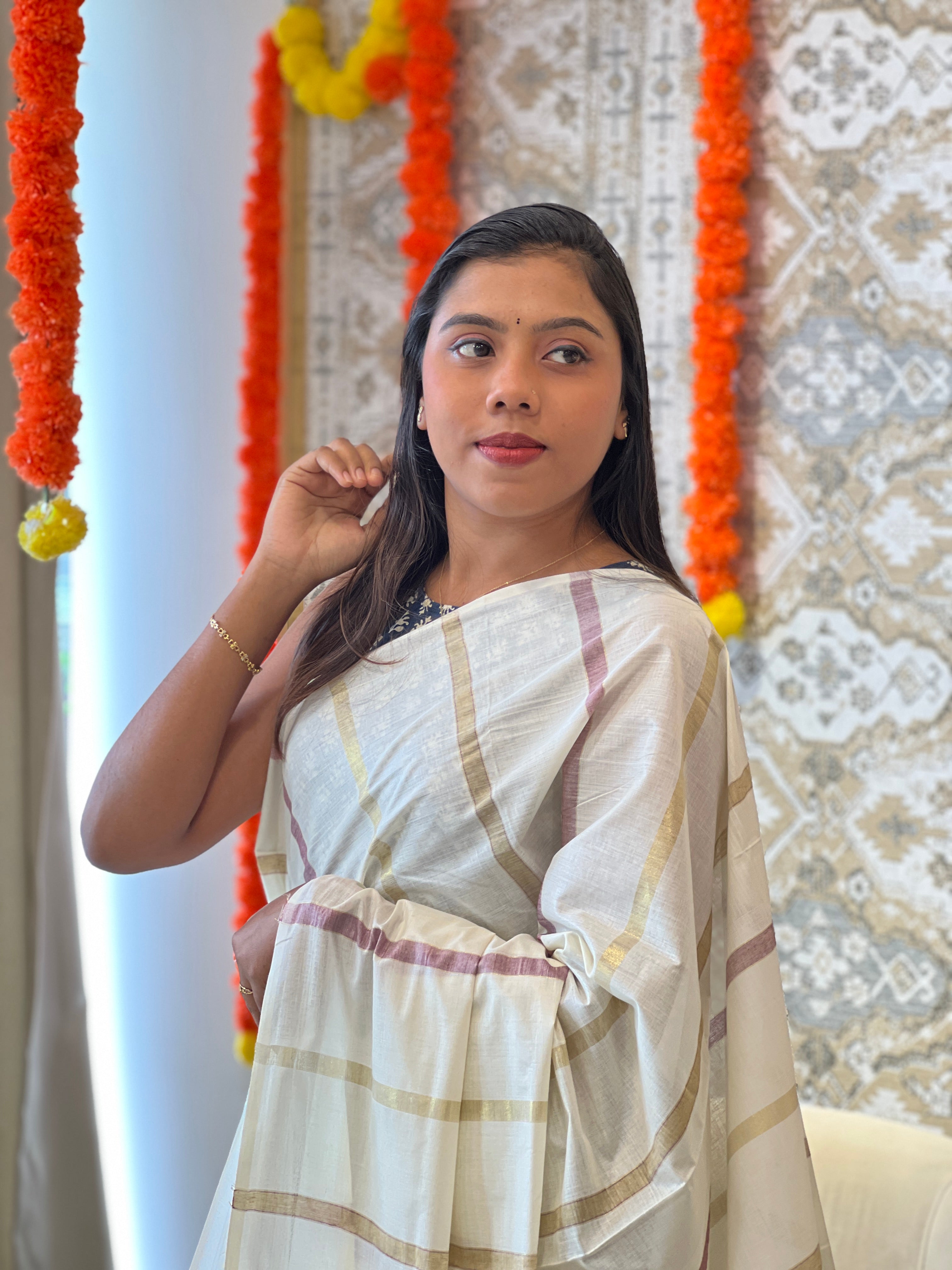 Vertical Line Pattern Kerala Cotton Saree |  RLF123