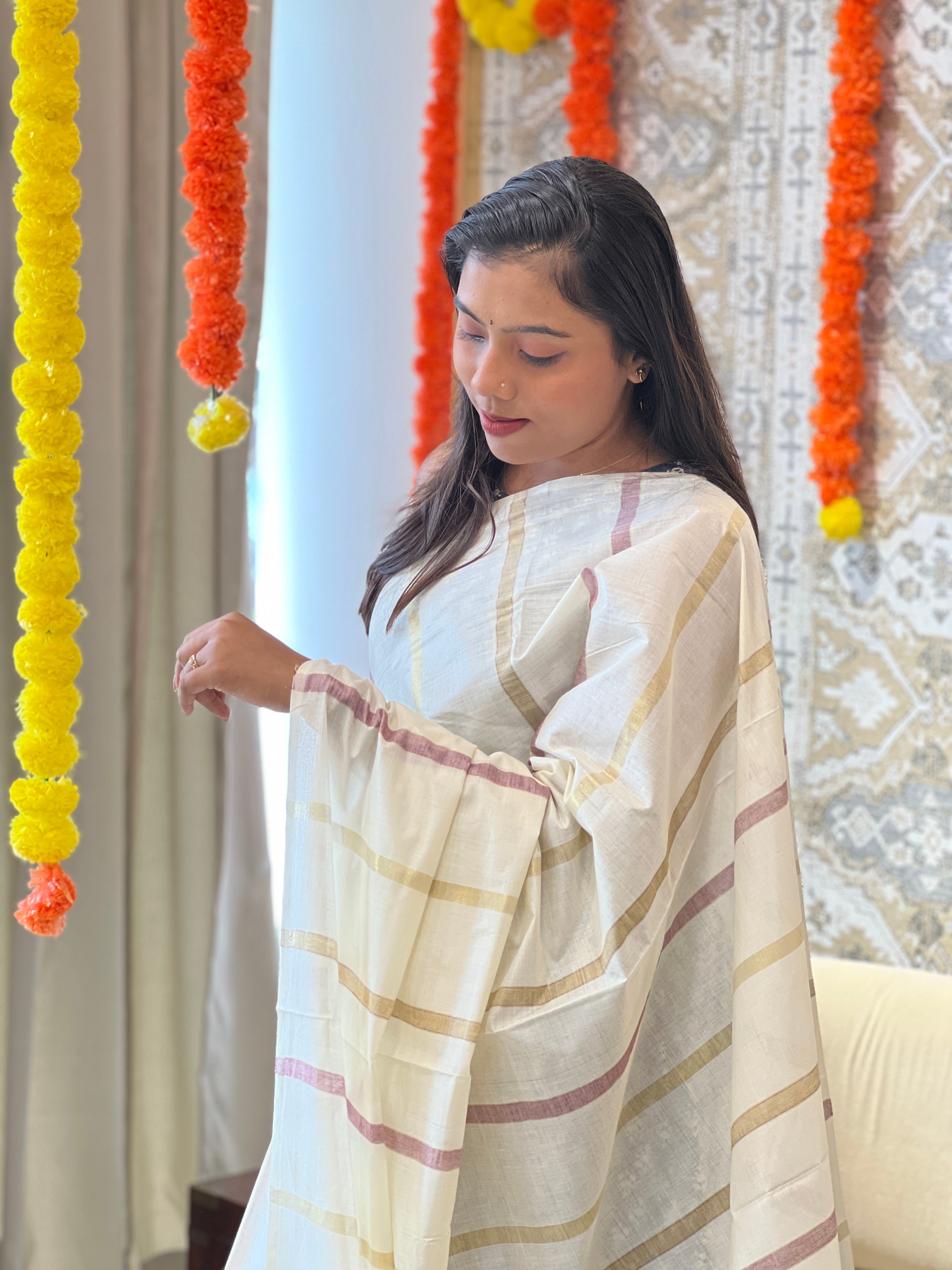 Vertical Line Pattern Kerala Cotton Saree |  RLF123