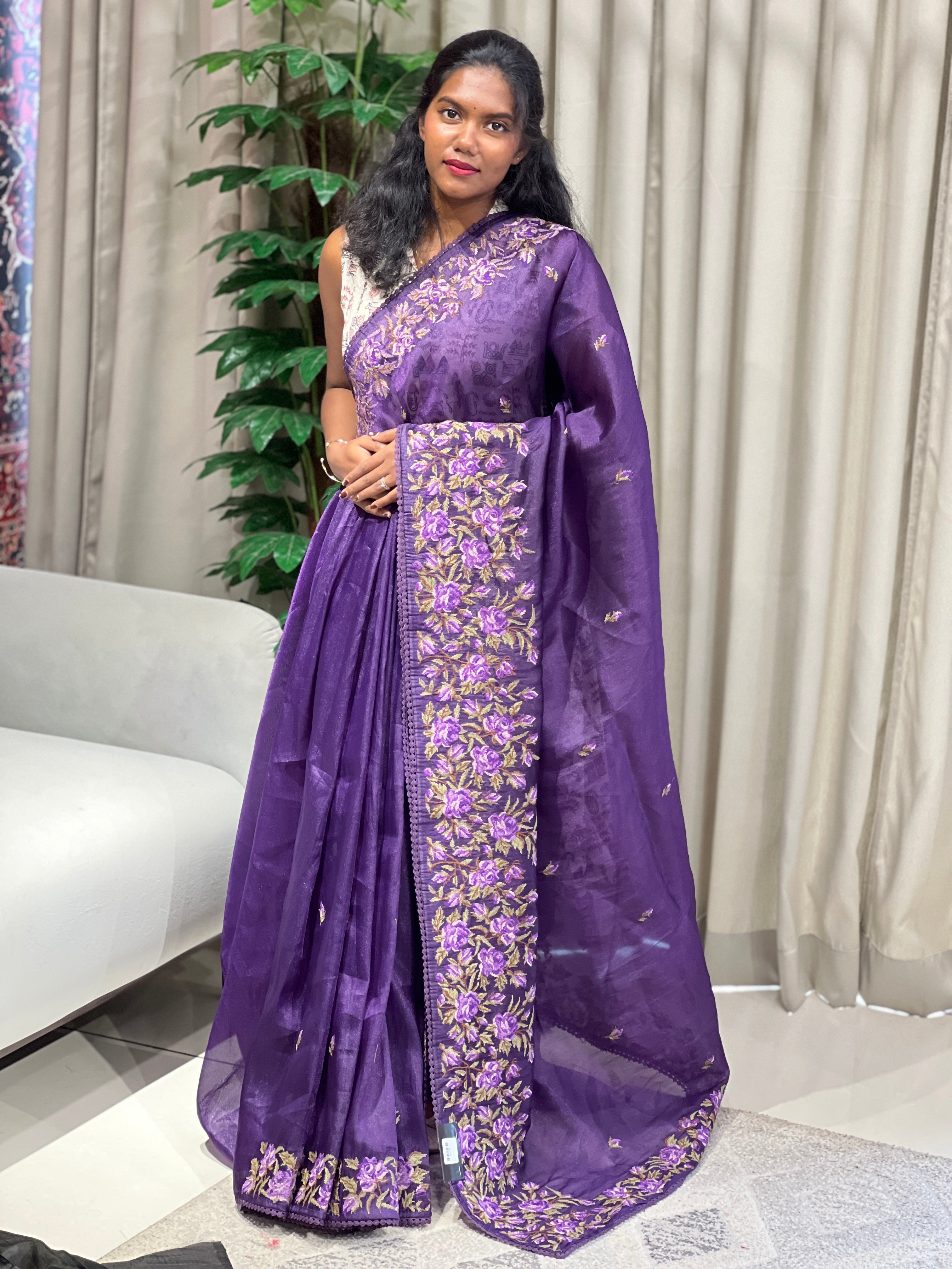 Floral Cross Stitch Embroidered Viscose Organza Saree | BLD1972