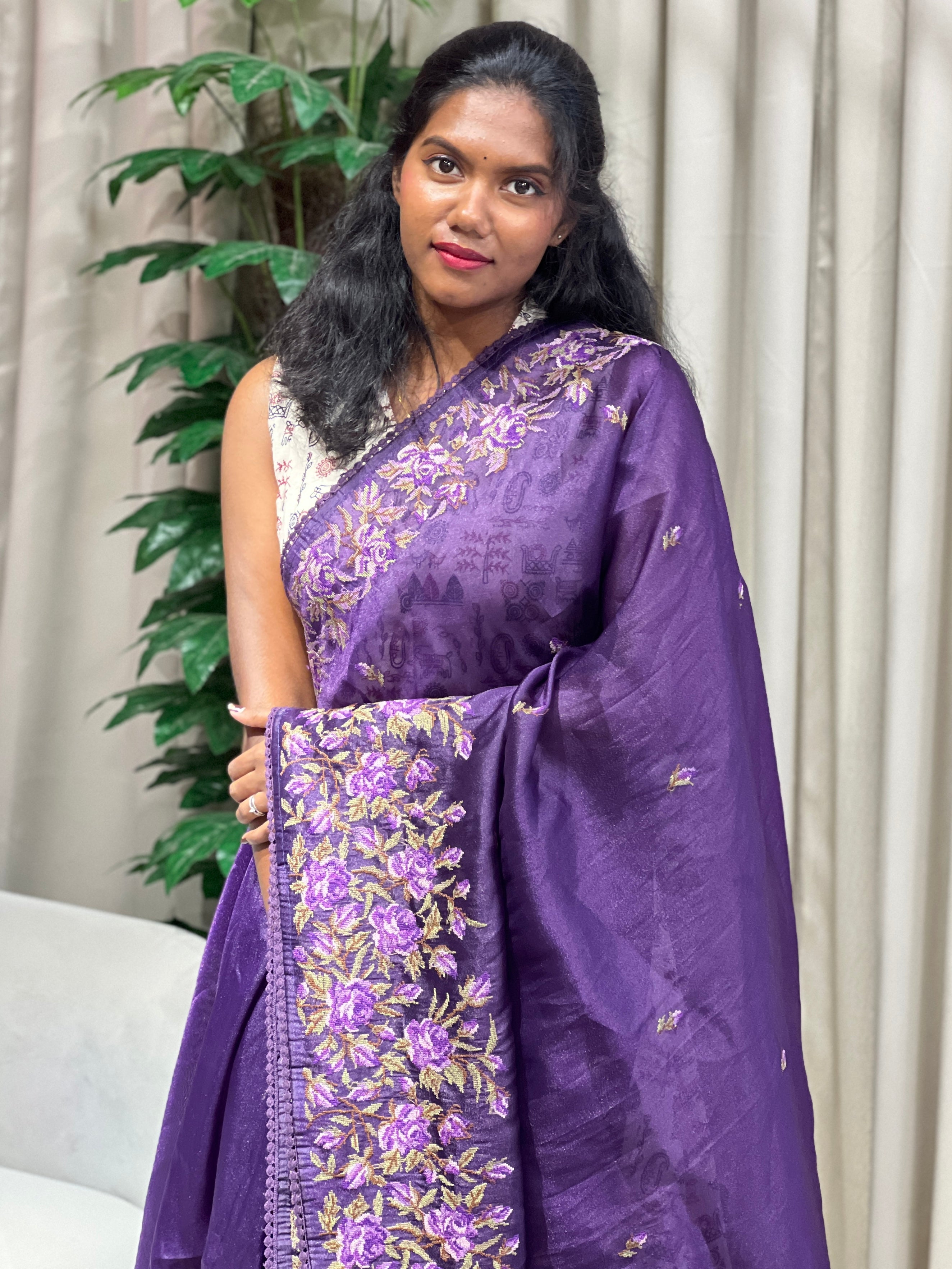 Floral Cross Stitch Embroidered Viscose Organza Saree | BLD1972