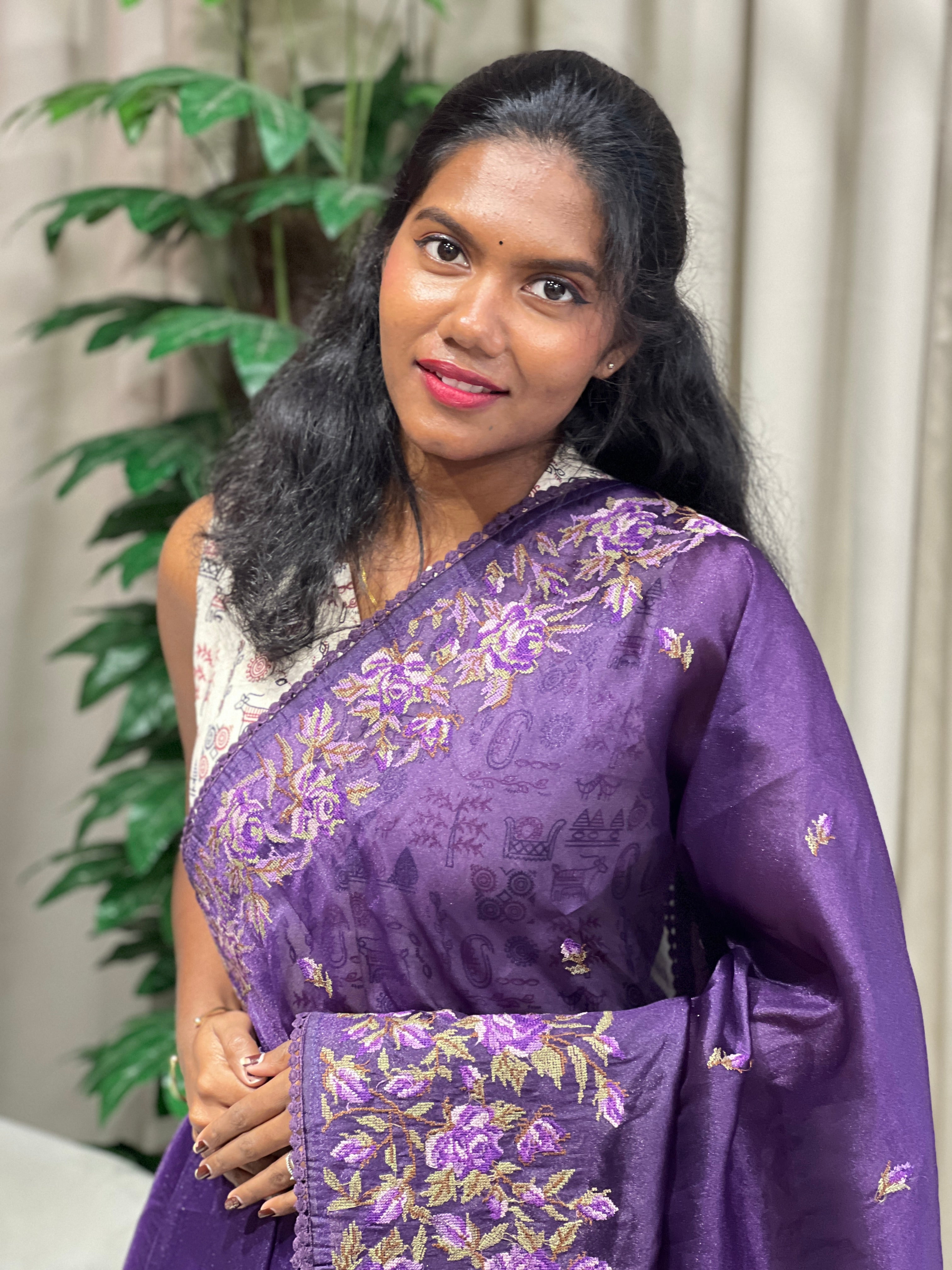 Floral Cross Stitch Embroidered Viscose Organza Saree | BLD1972