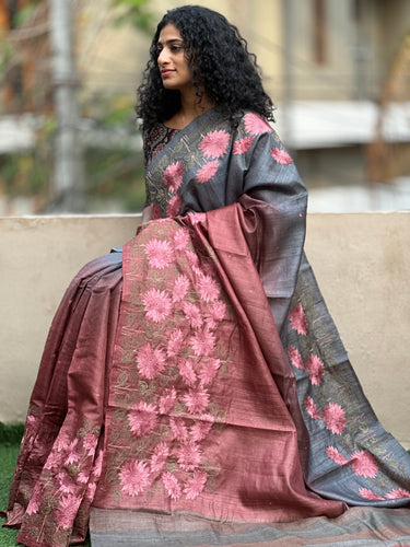 Floral Embroidery Pattern Desi Tussar Saree | YNG130