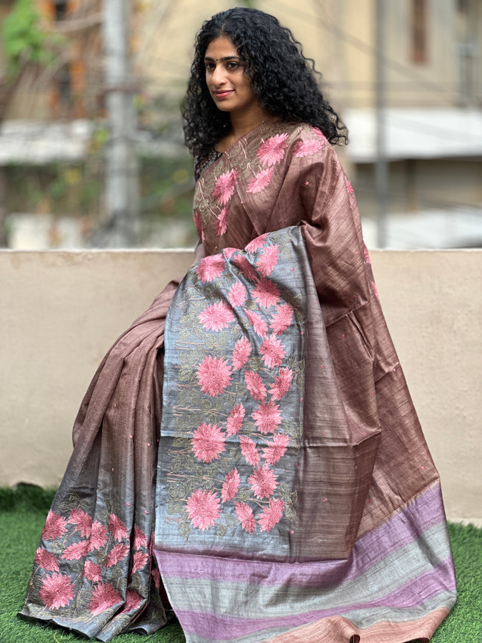 Floral Embroidery Pattern Desi Tussar Saree | YNG129