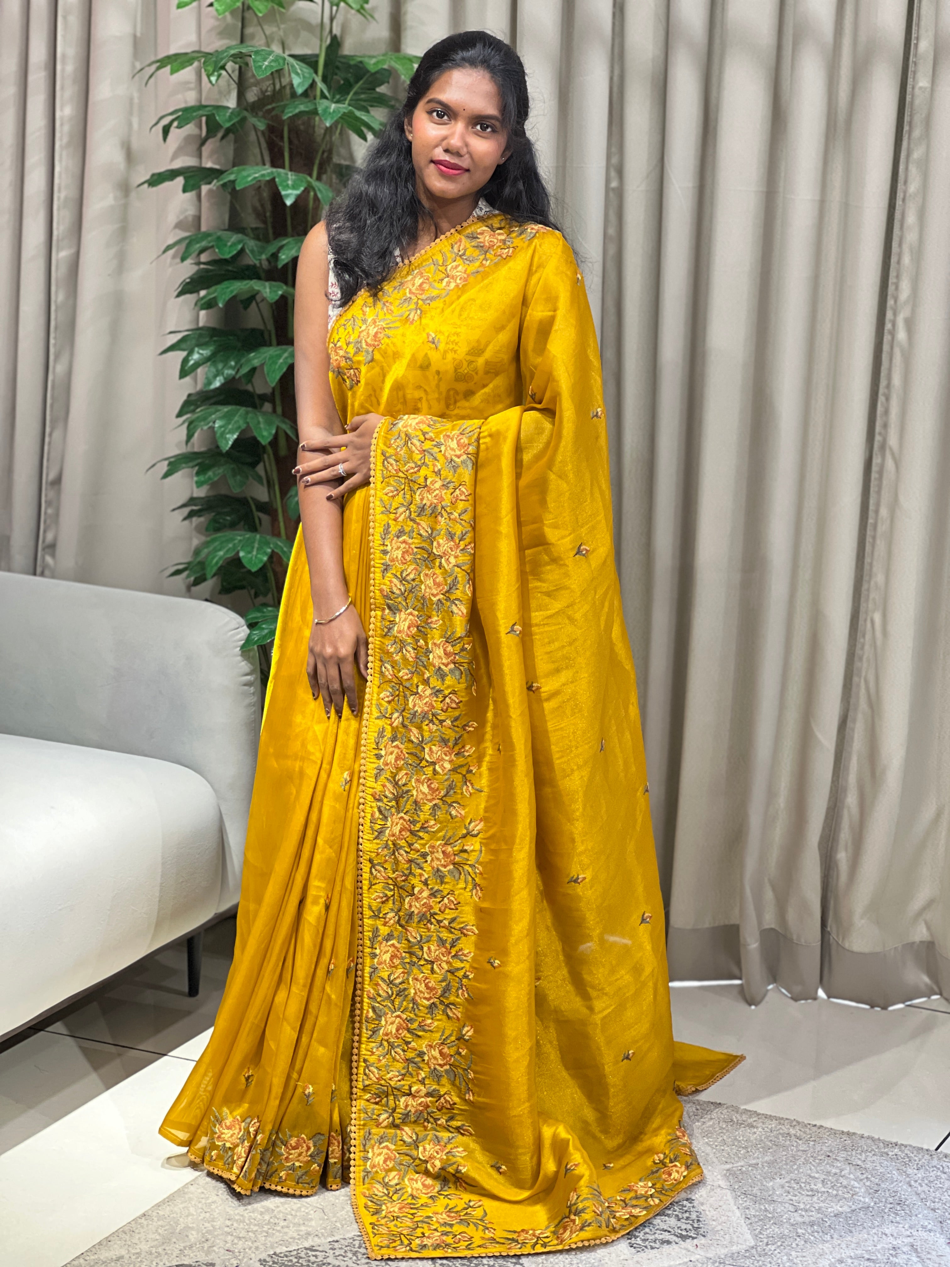 Floral Cross Stitch Embroidered Viscose Organza Saree | BLD1969