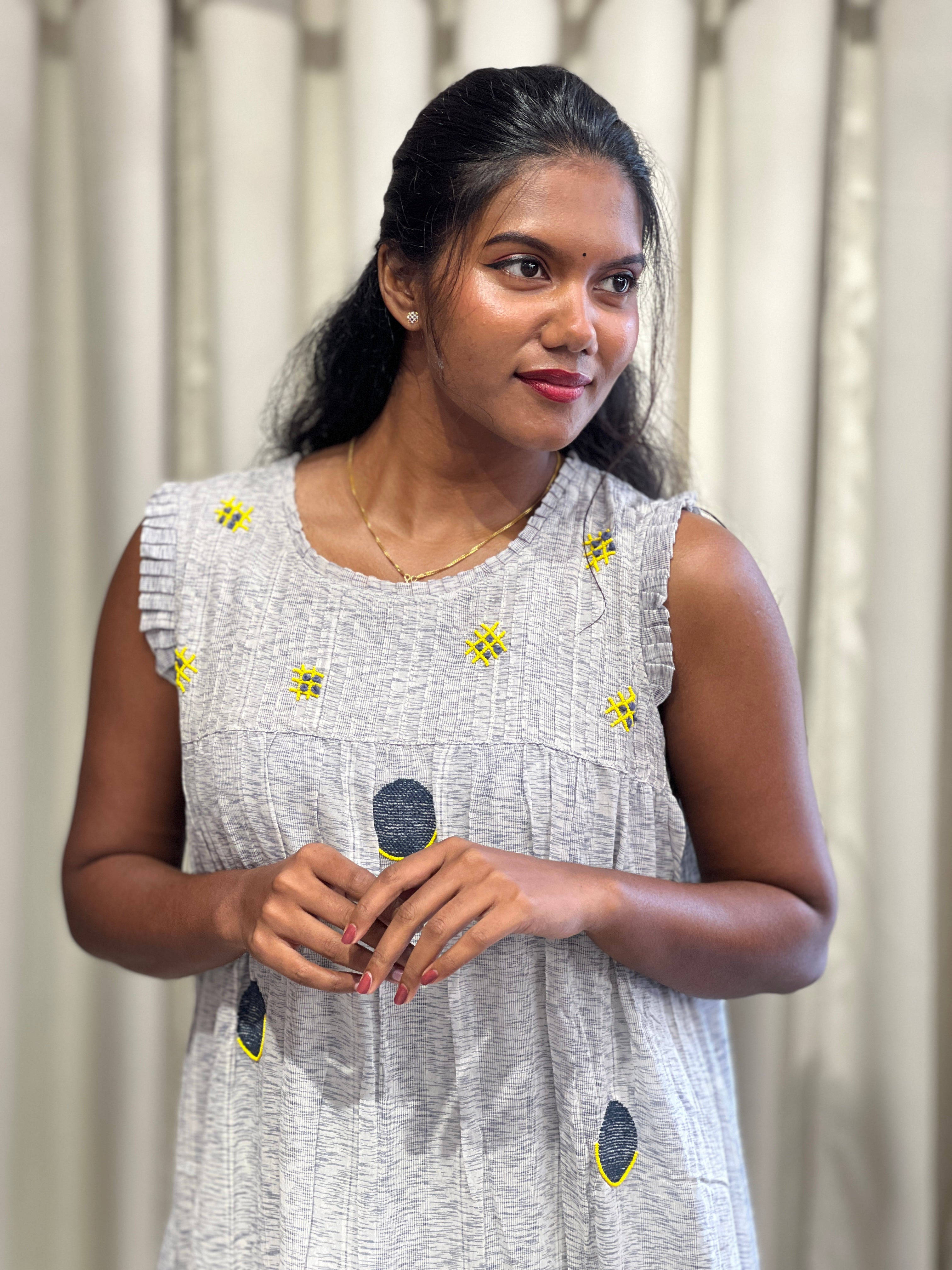 Thread And Bead Work Detailed Mul Cotton Kurta | PGI340