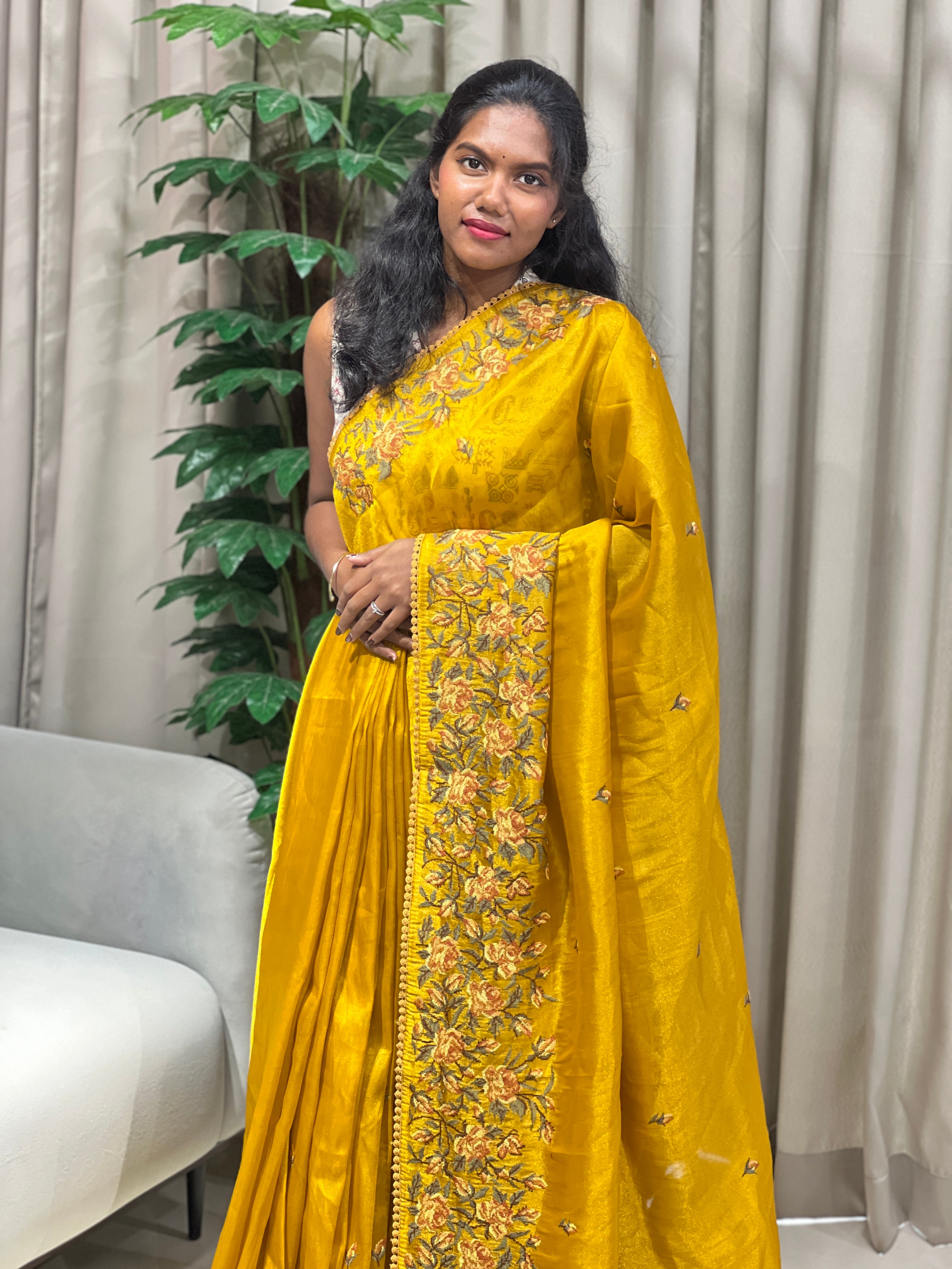 Floral Cross Stitch Embroidered Viscose Organza Saree | BLD1969