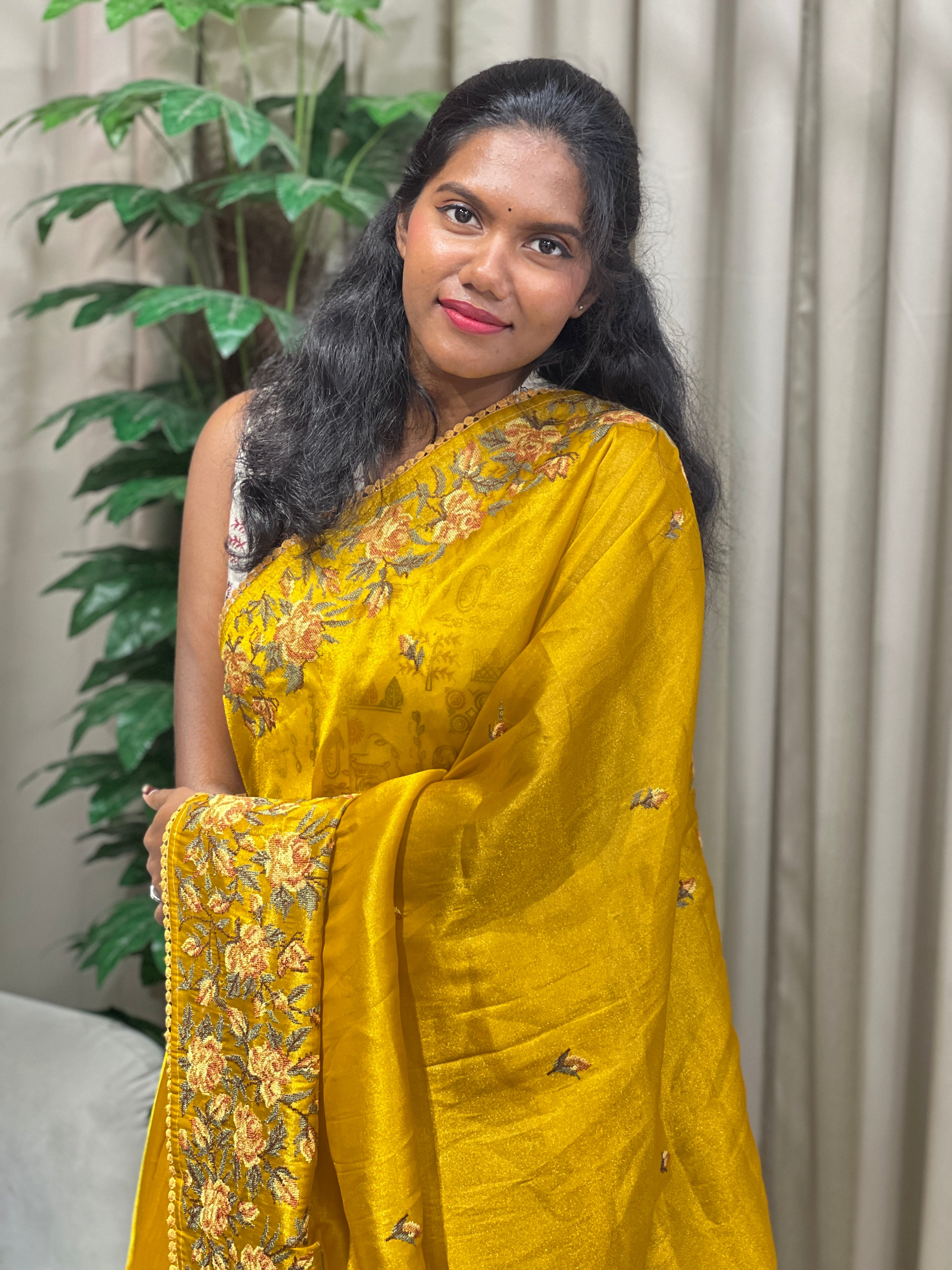 Floral Cross Stitch Embroidered Viscose Organza Saree | BLD1969