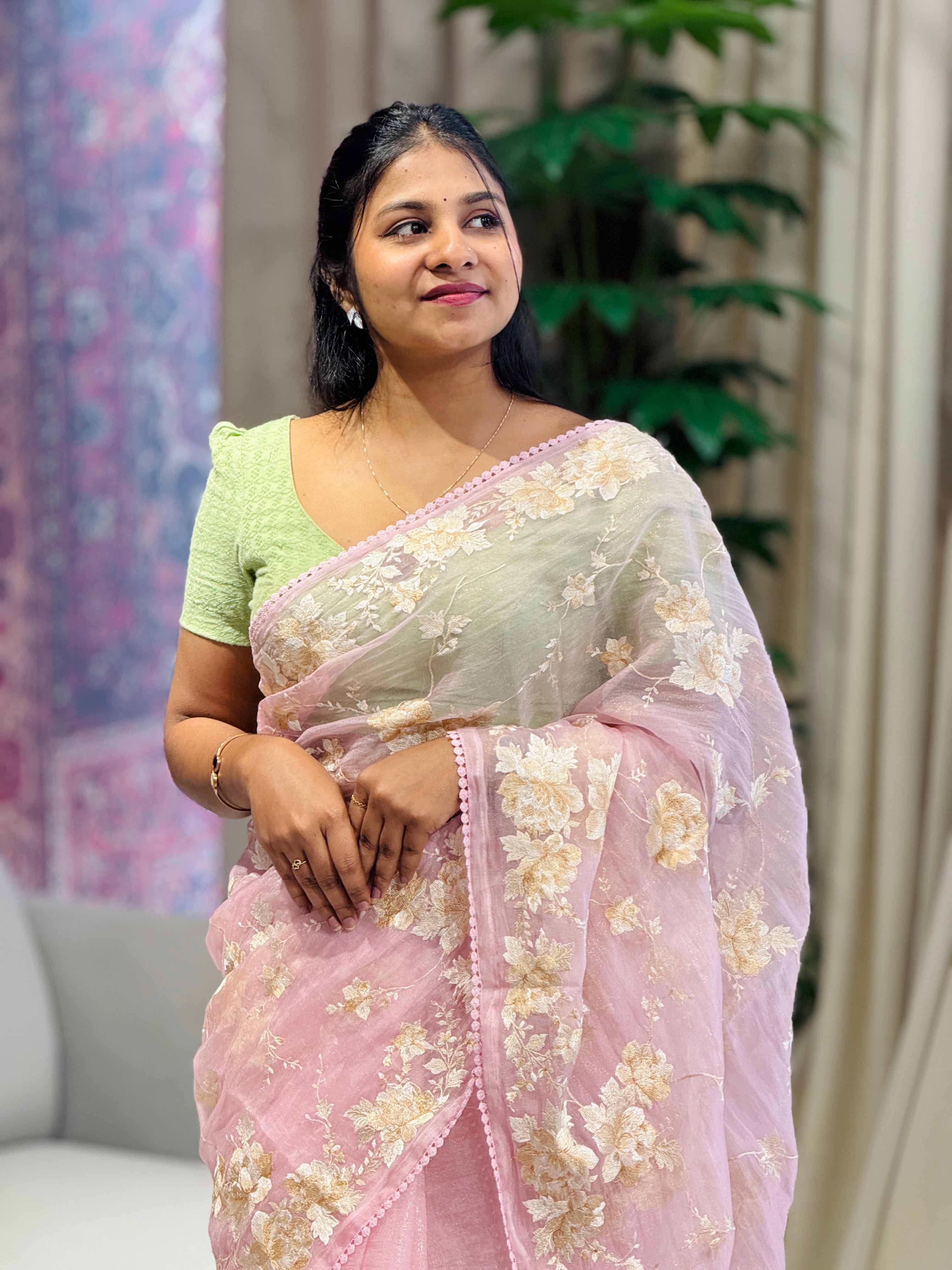 Floral Embroidery Detailed Shimmer Organza Saree | BLD1910