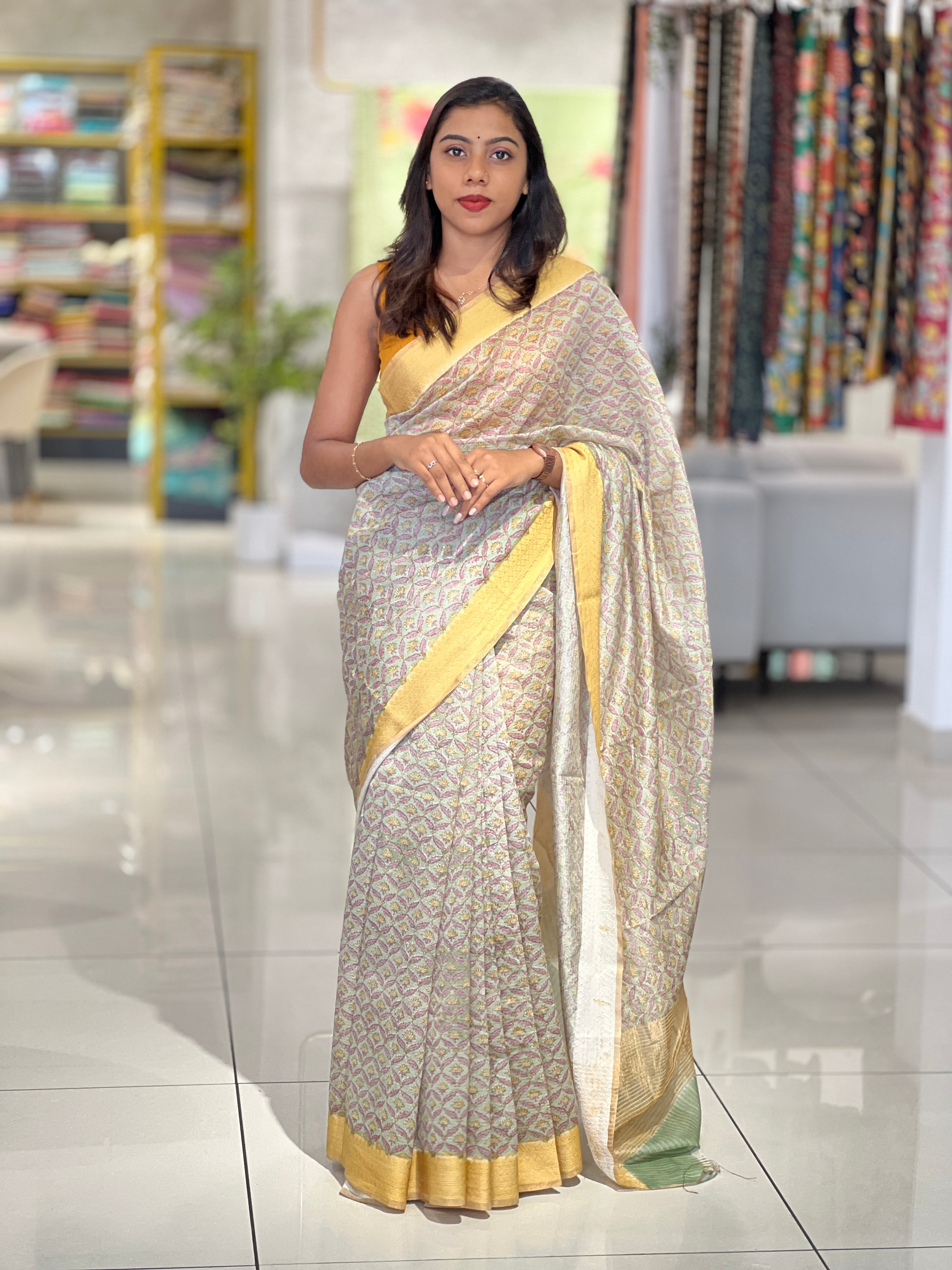 Block Printed  Modal Chanderi Saree | SMC108