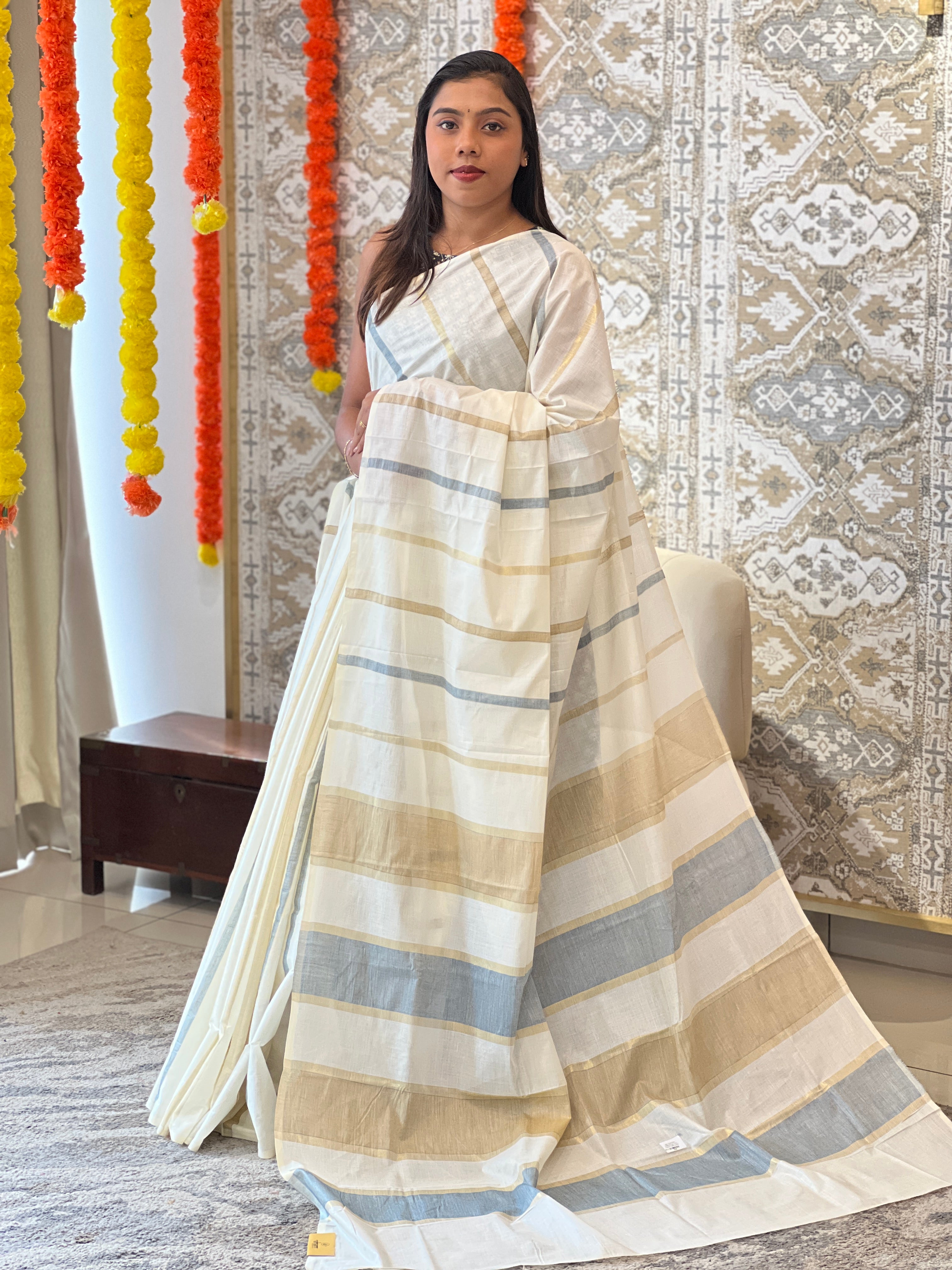 Vertical Line Pattern Kerala Cotton Saree | RLF116