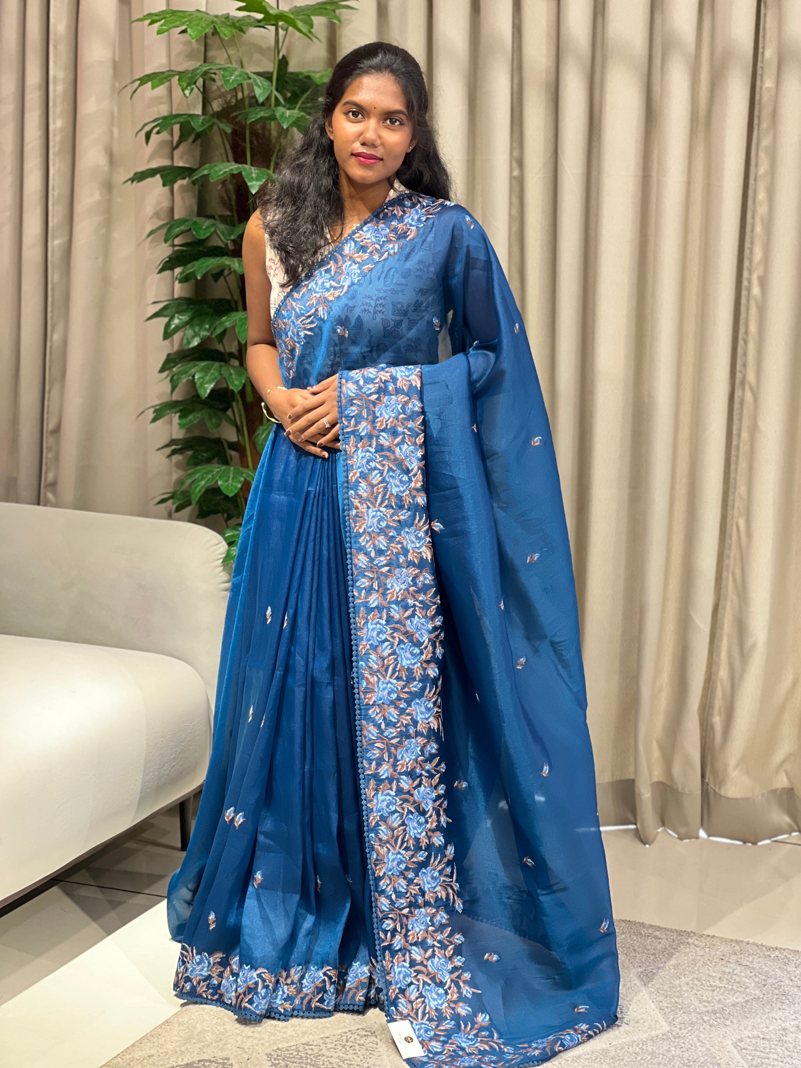 Floral Cross Stitch Embroidered Viscose Organza Saree | BLD1971