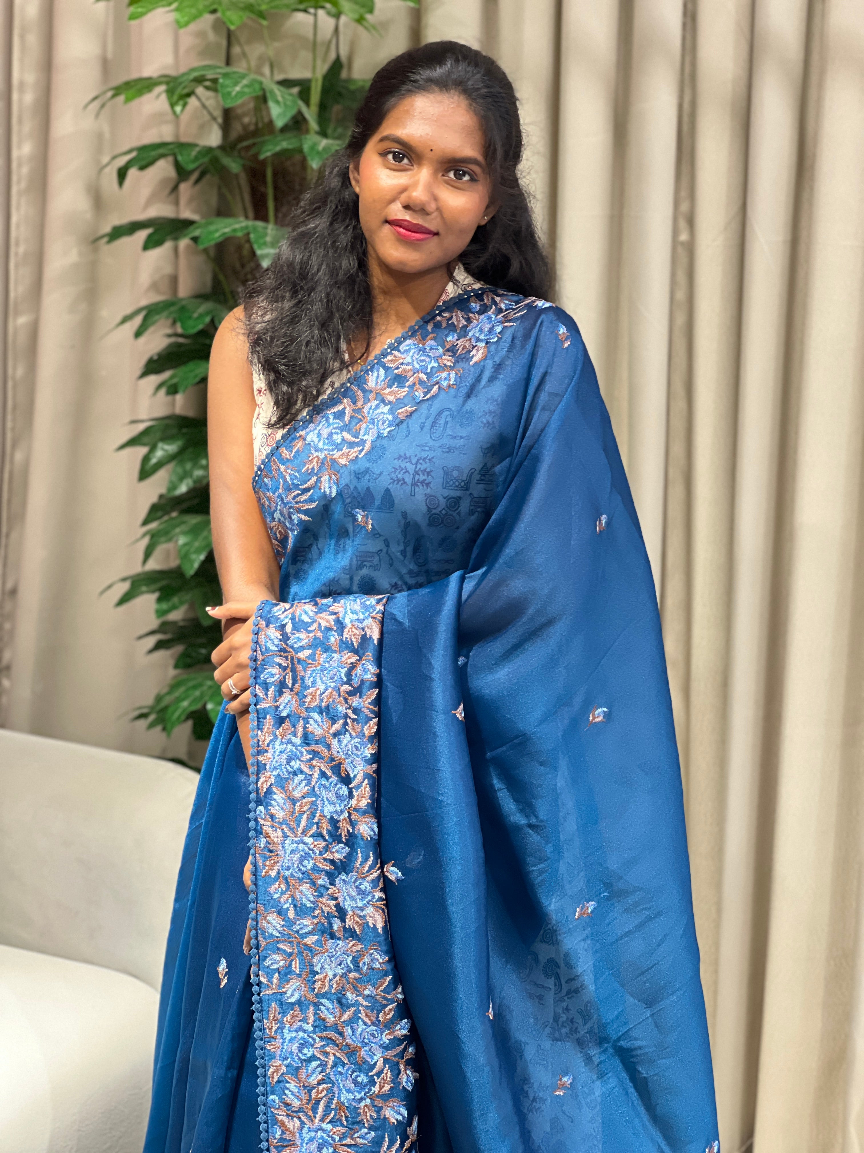 Floral Cross Stitch Embroidered Viscose Organza Saree | BLD1971