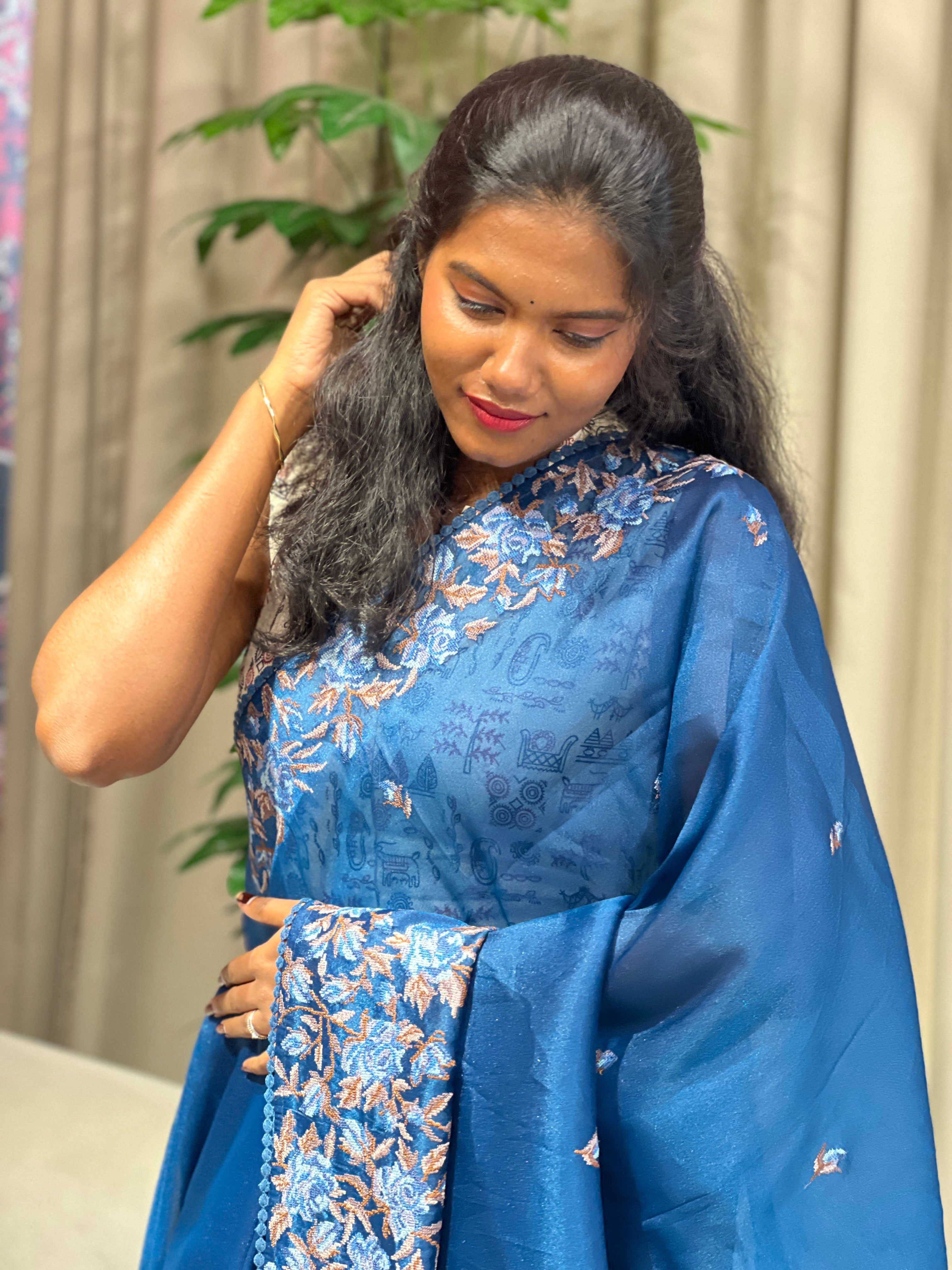 Floral Cross Stitch Embroidered Viscose Organza Saree | BLD1971