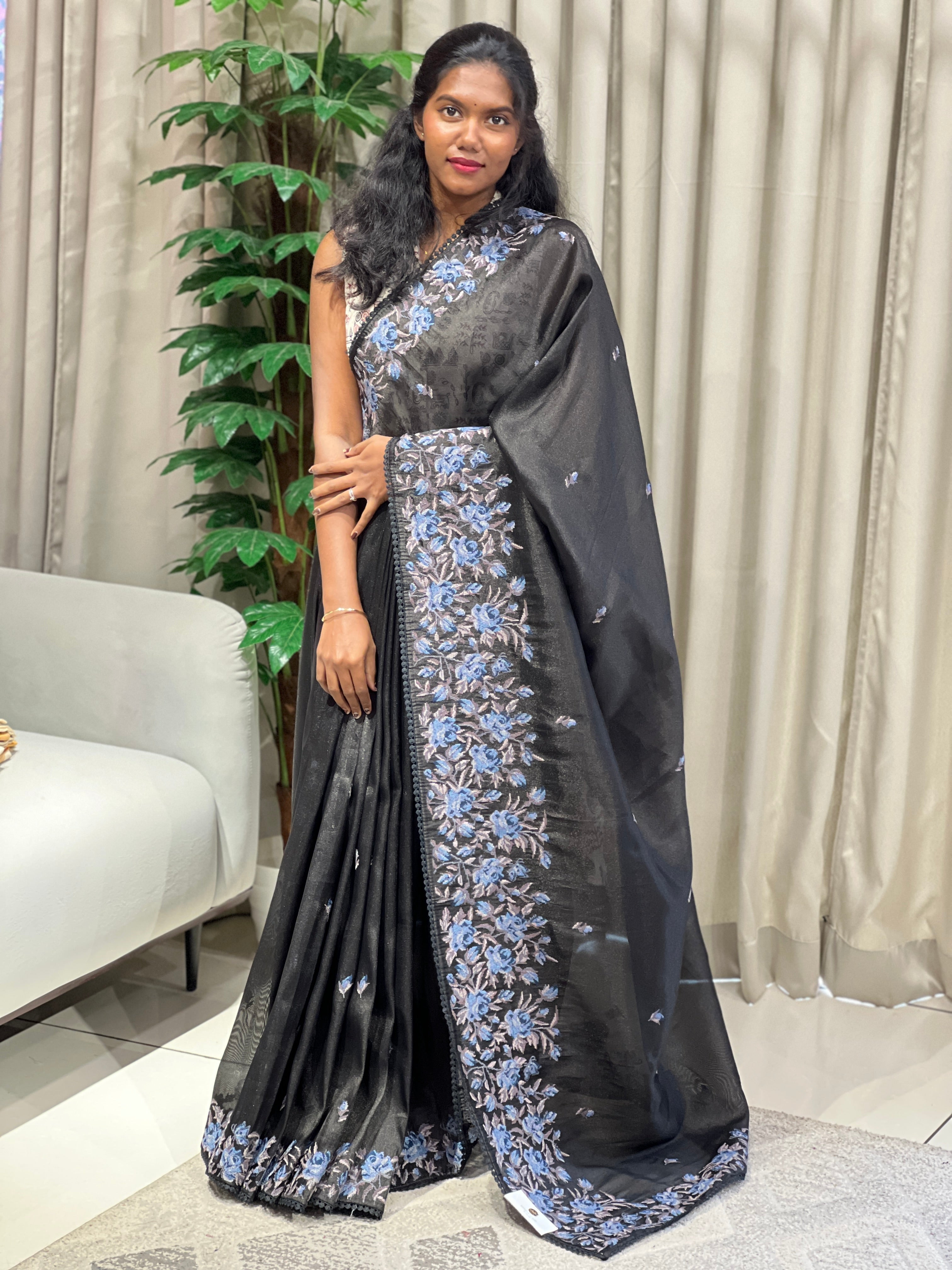 Floral Cross Stitch Embroidered Viscose Organza Saree | BLD1970