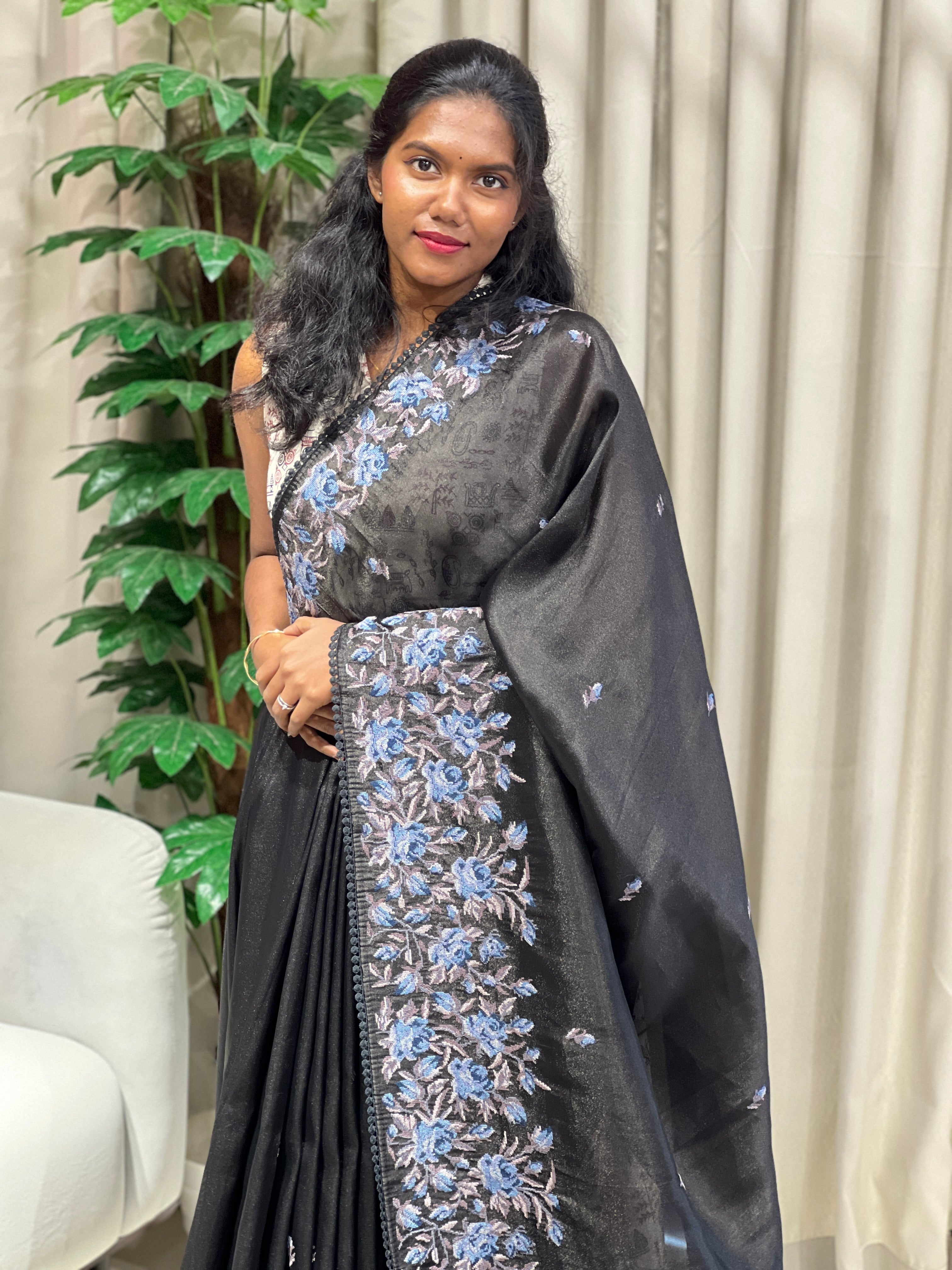 Floral Cross Stitch Embroidered Viscose Organza Saree | BLD1970