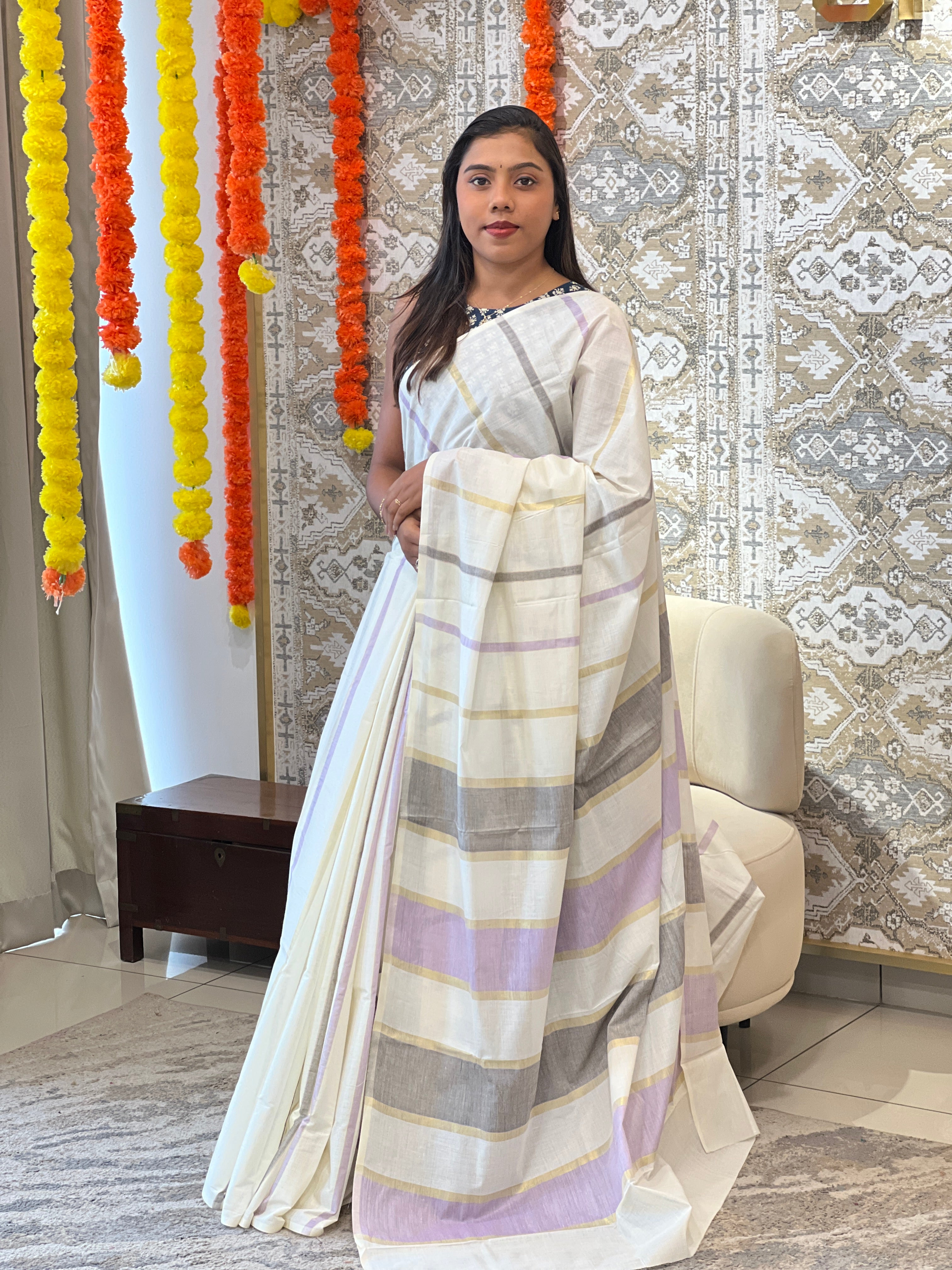 Vertical Line Pattern Kerala Cotton Saree | RLF124