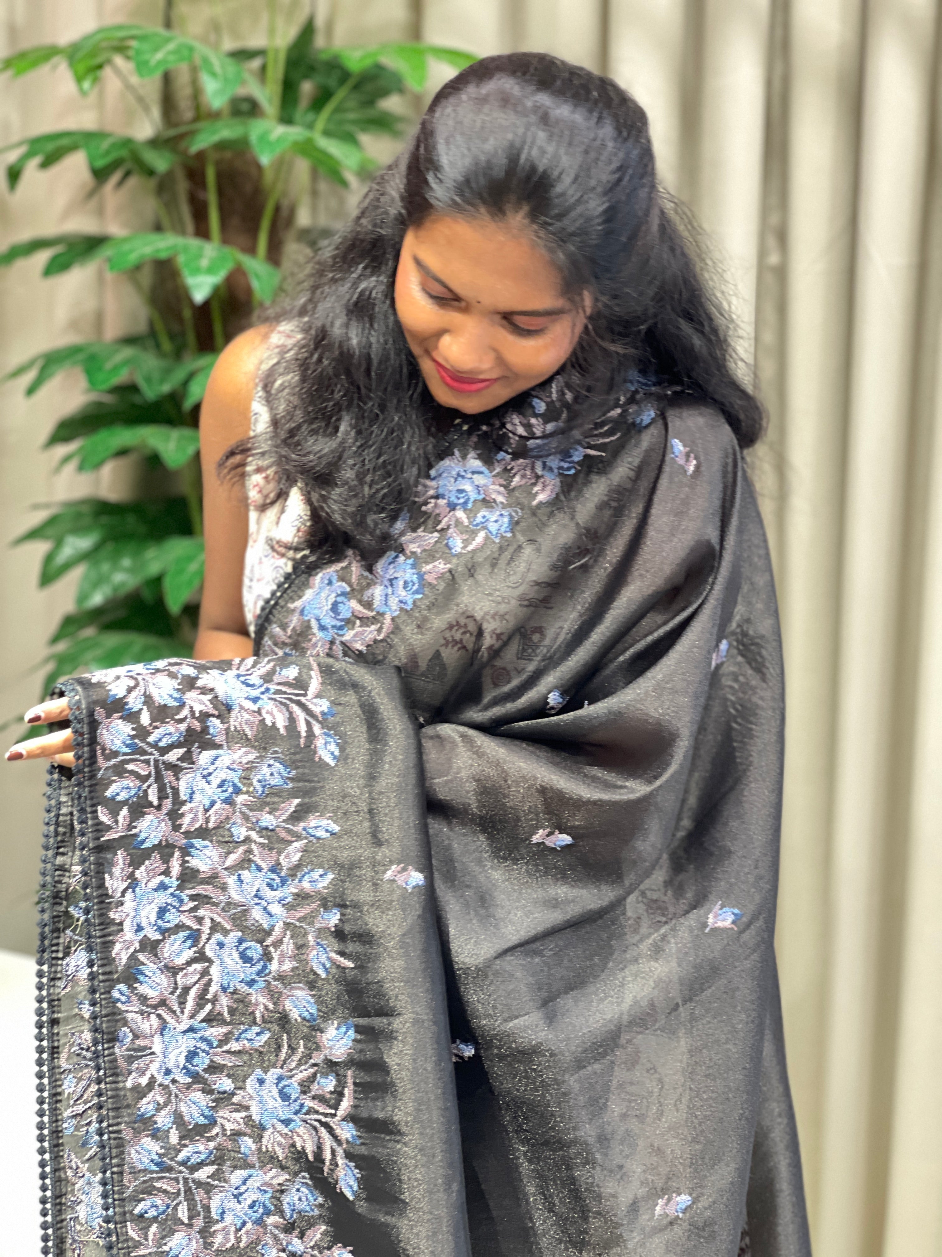 Floral Cross Stitch Embroidered Viscose Organza Saree | BLD1970