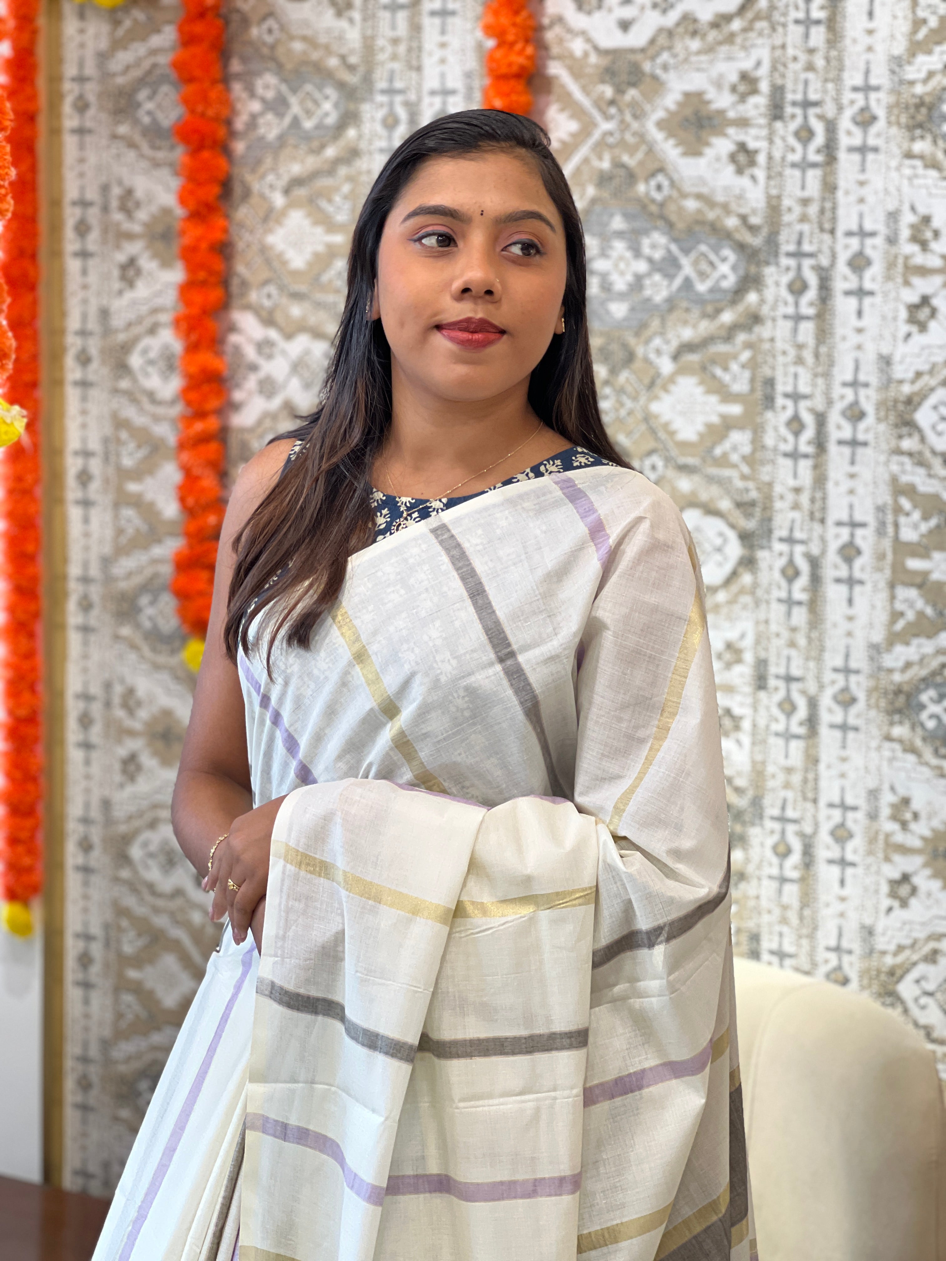 Vertical Line Pattern Kerala Cotton Saree | RLF124