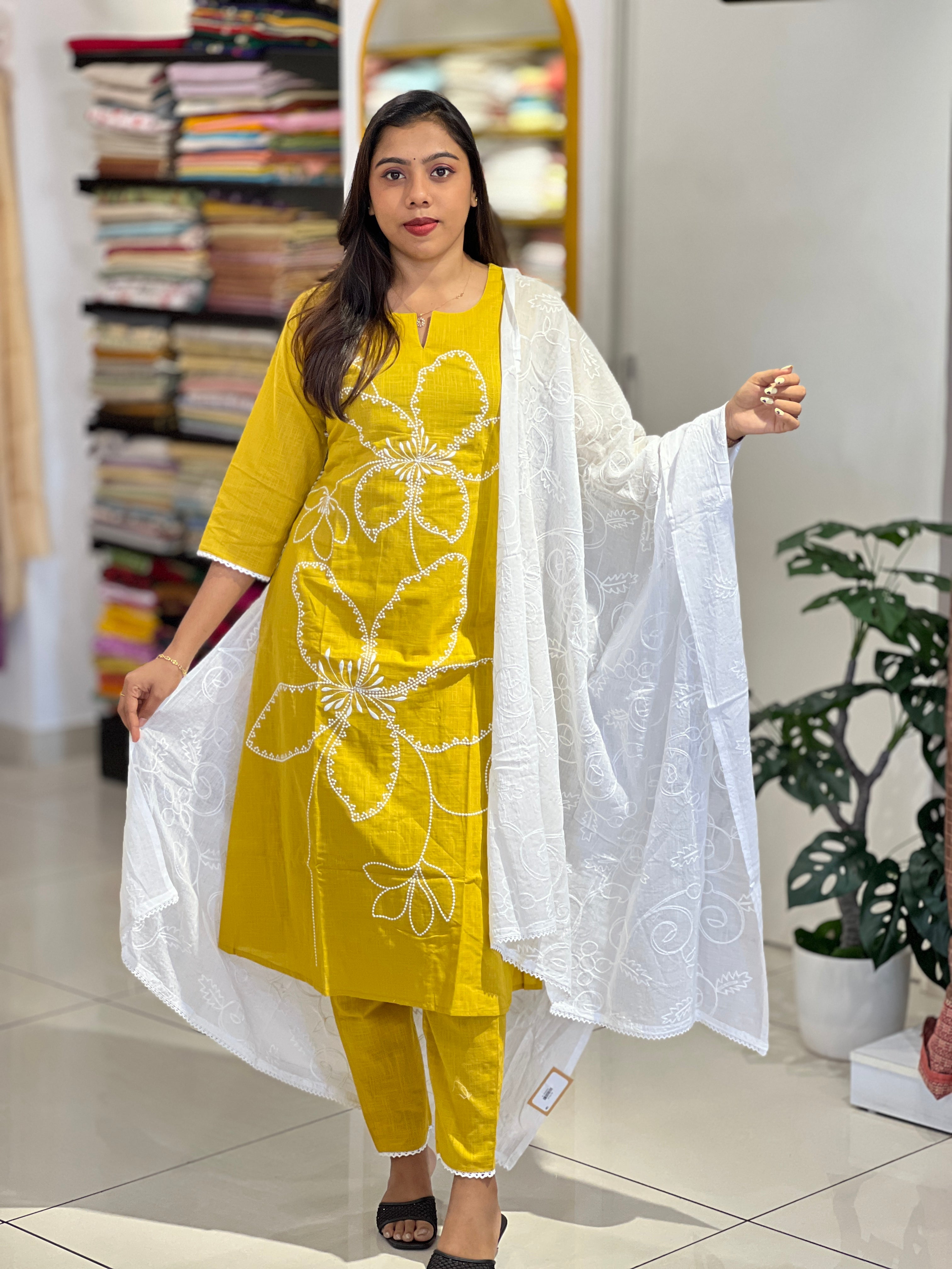 Floral Point Embroidery Detailed Linen Cotton Kurta Set | PGI345