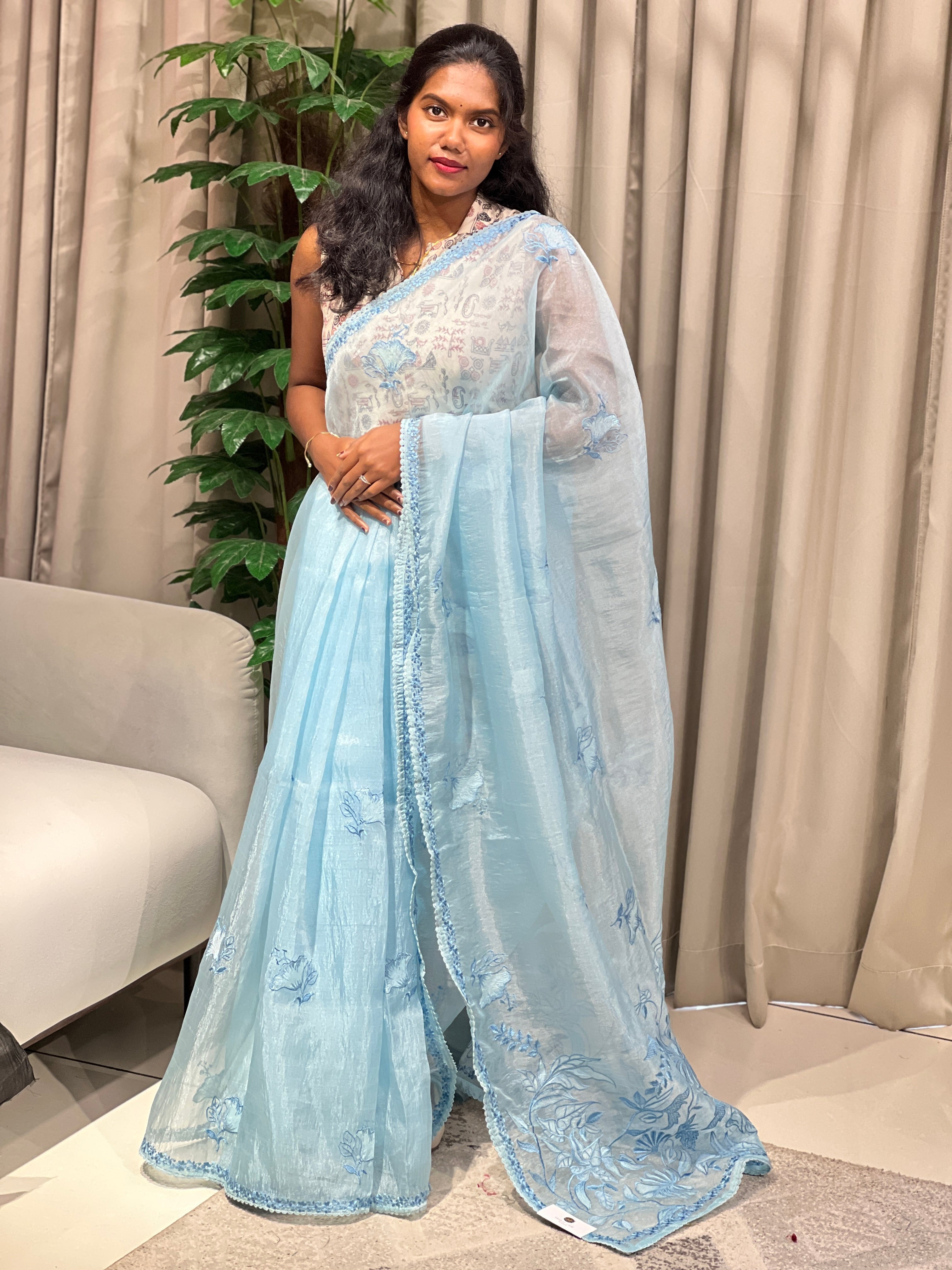 Floral Machine Embroidered Shimmer Organza Saree | BLD1979