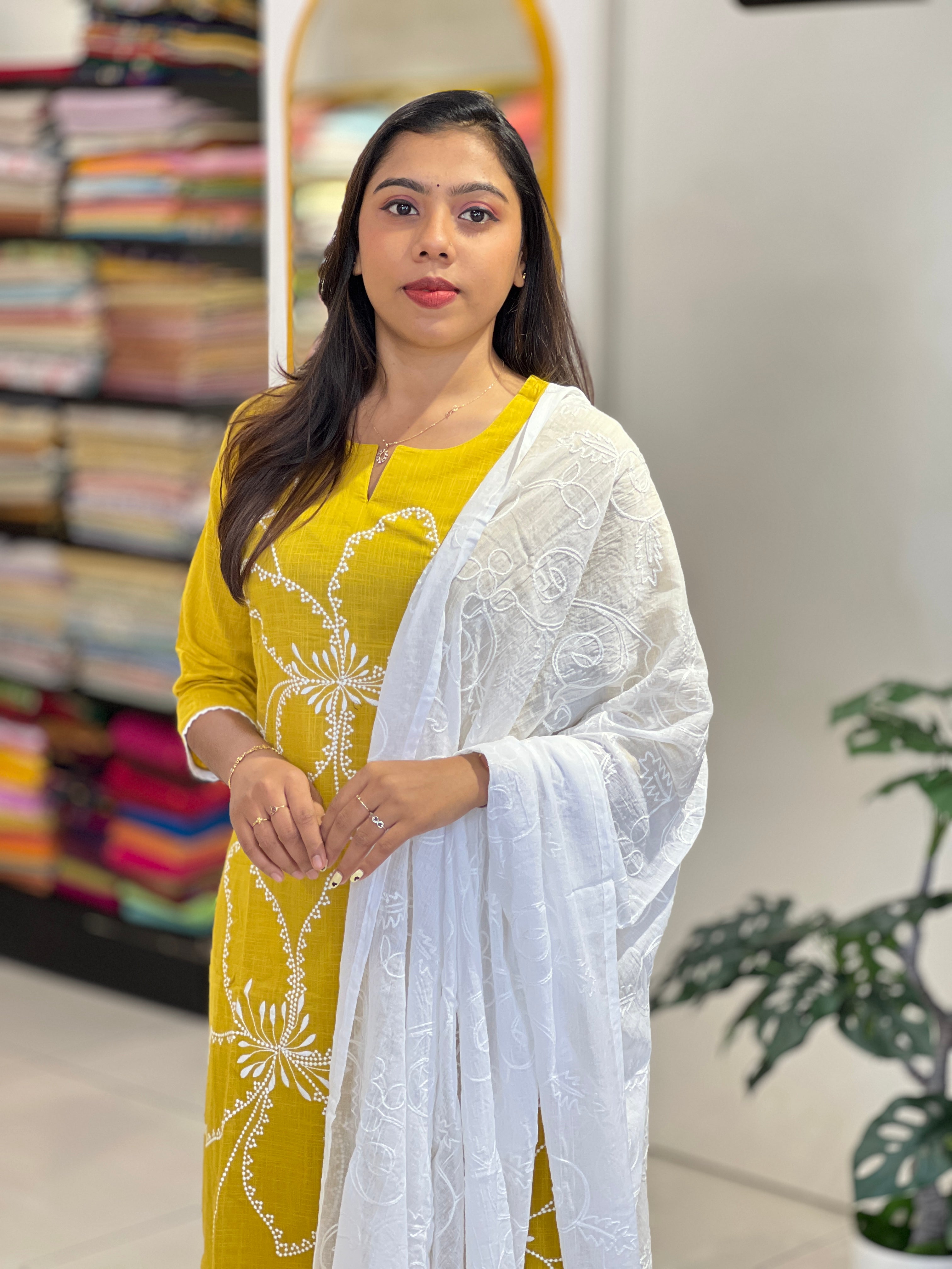 Floral Point Embroidery Detailed Linen Cotton Kurta Set | PGI345