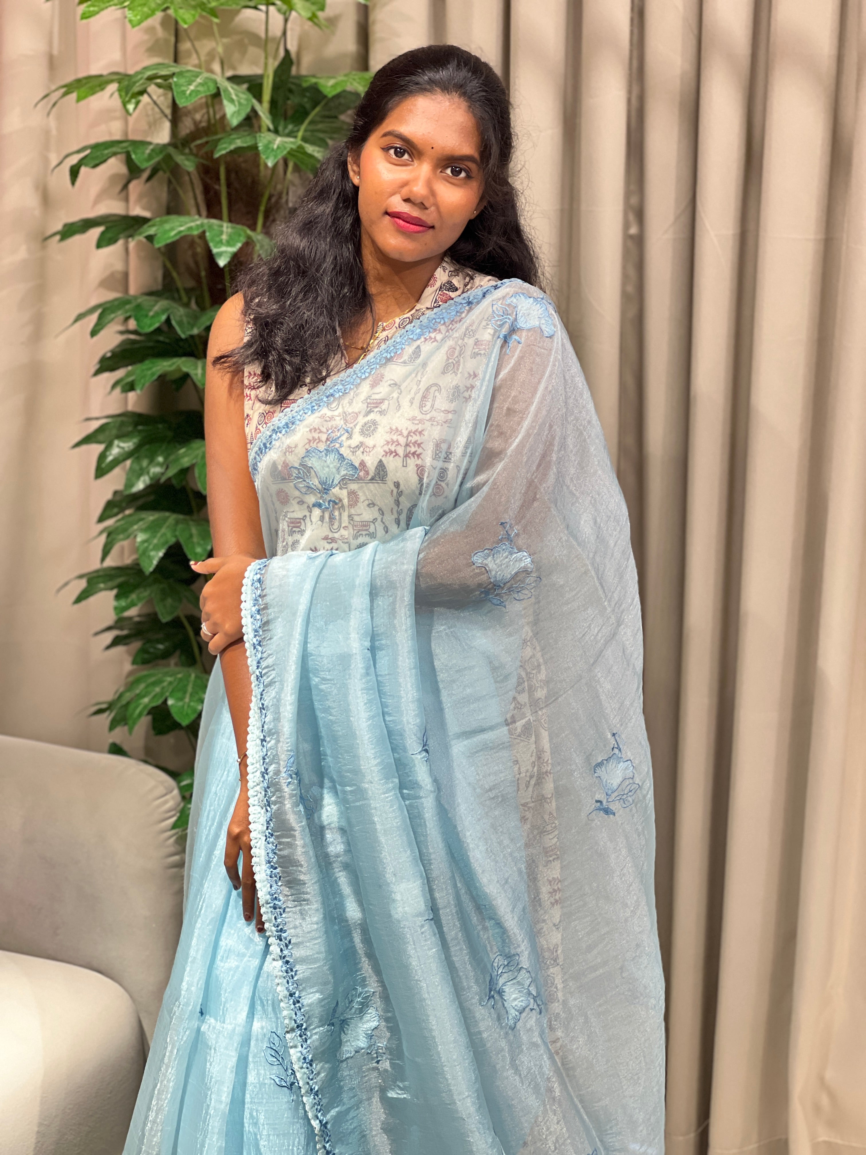 Floral Machine Embroidered Shimmer Organza Saree | BLD1979