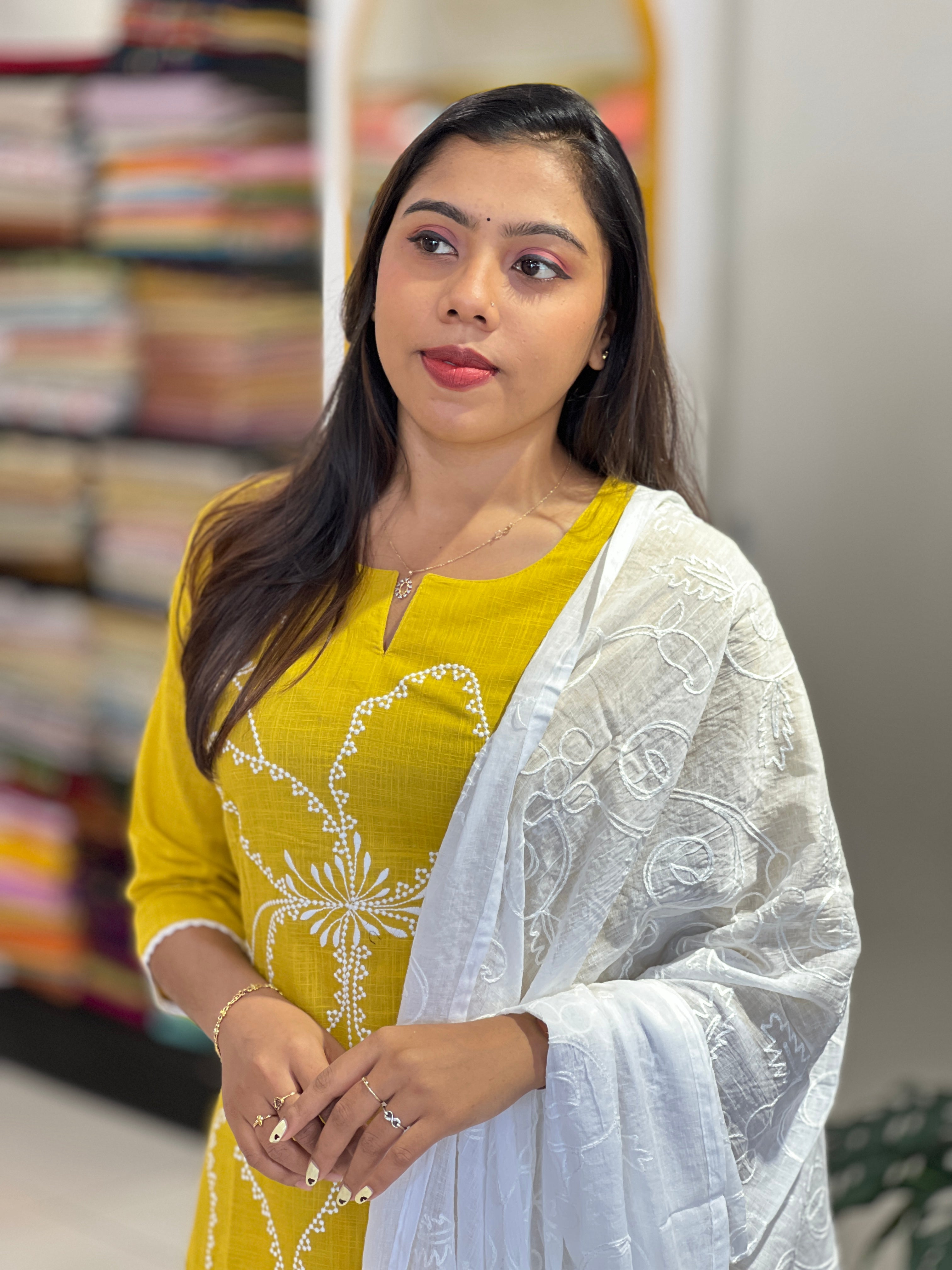 Floral Point Embroidery Detailed Linen Cotton Kurta Set | PGI345