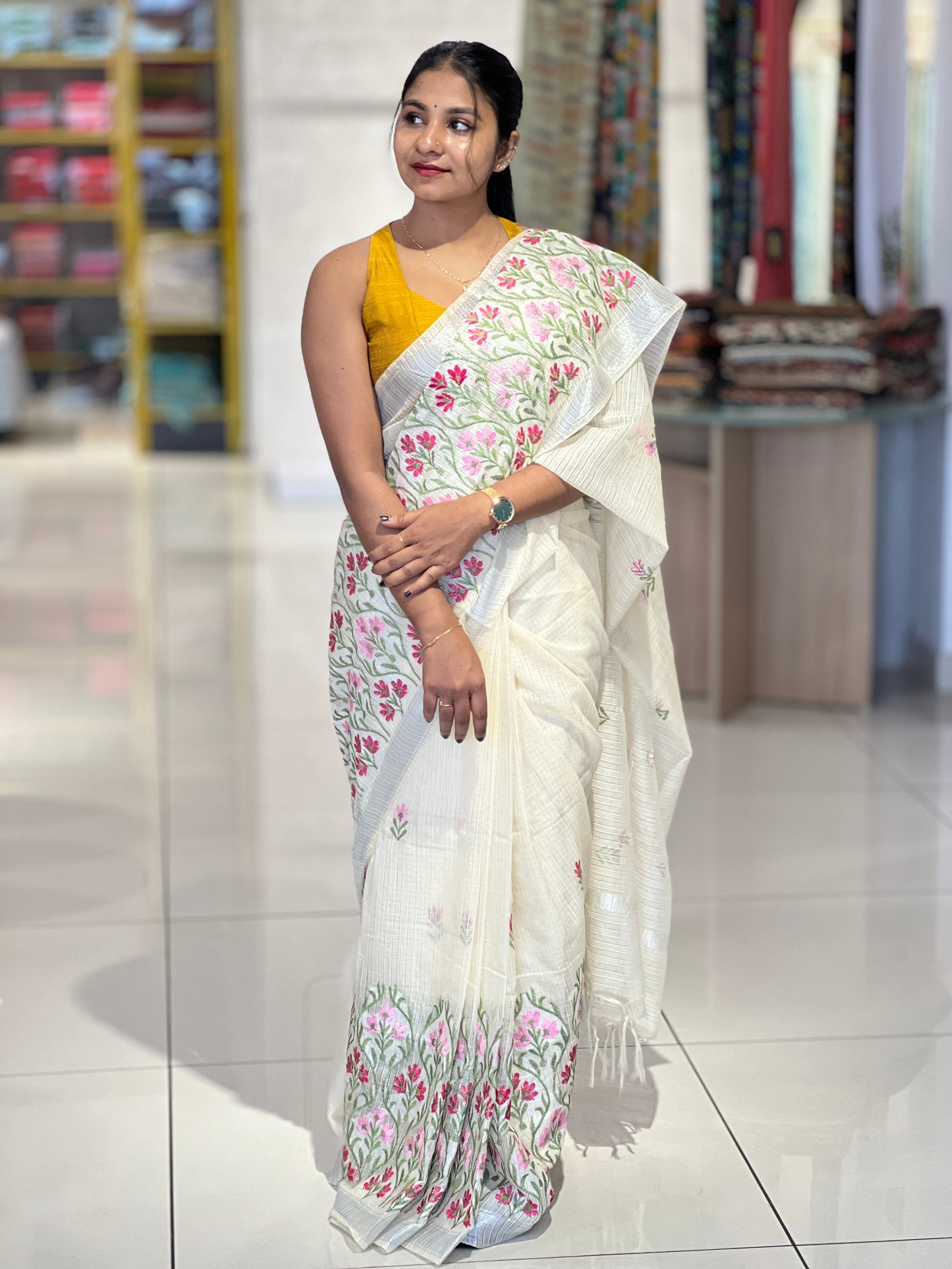 Floral Embroidery Detailed Silky Kota Saree | NHH489
