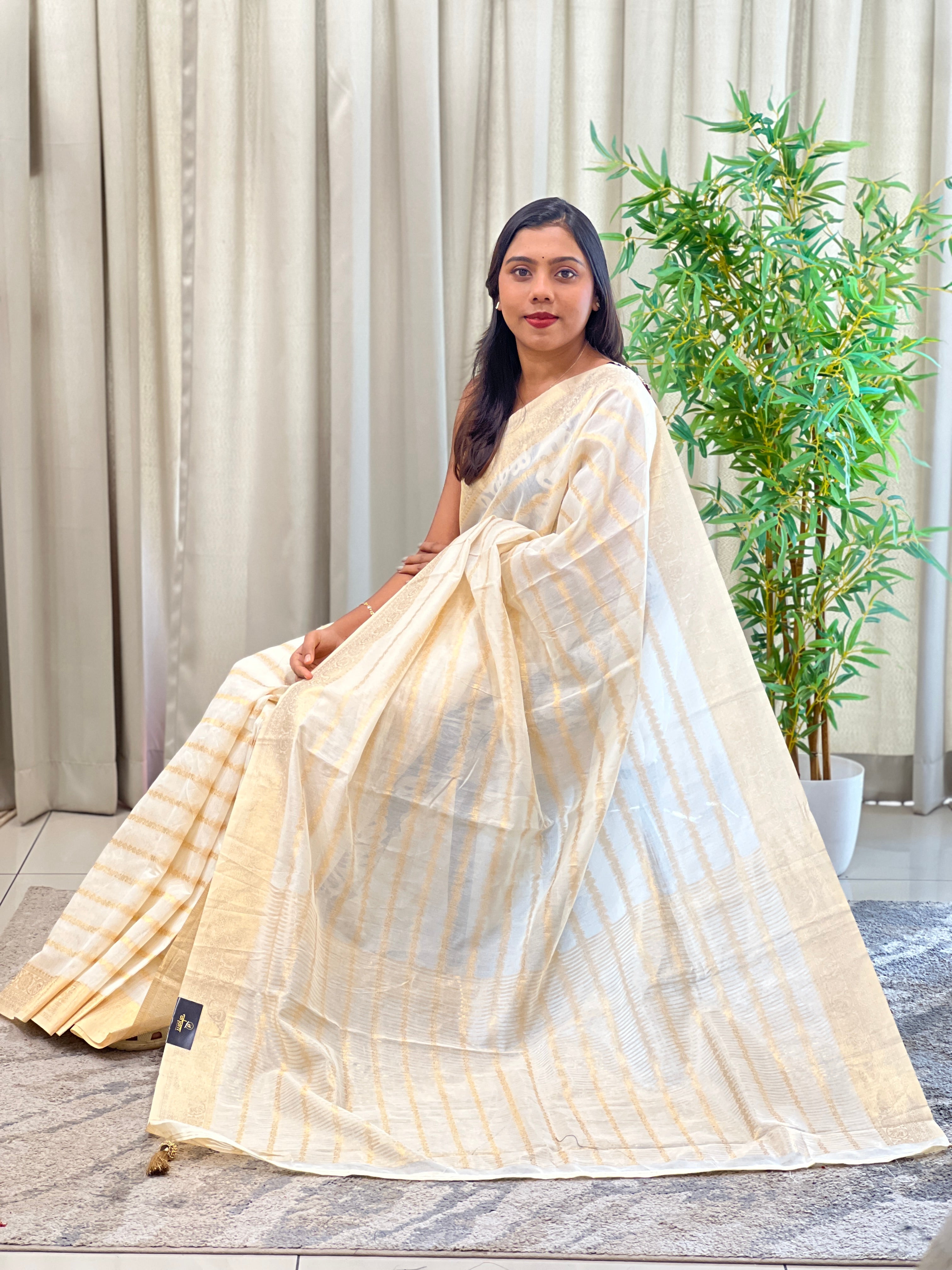 Light Golden Zari Woven Chanderi Finish Saree | HT478