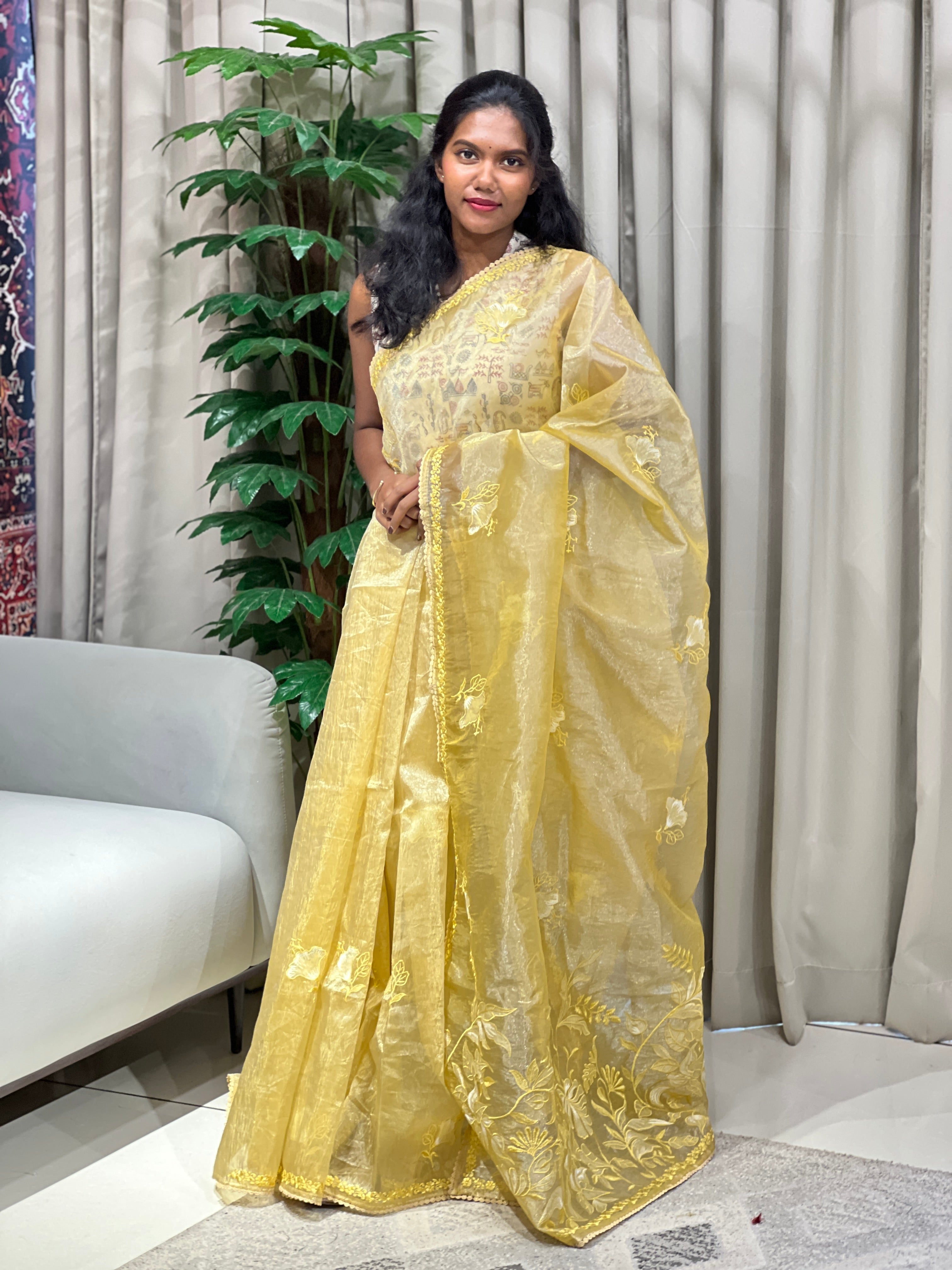 Floral Machine Embroidered Shimmer Organza Saree | BLD1980