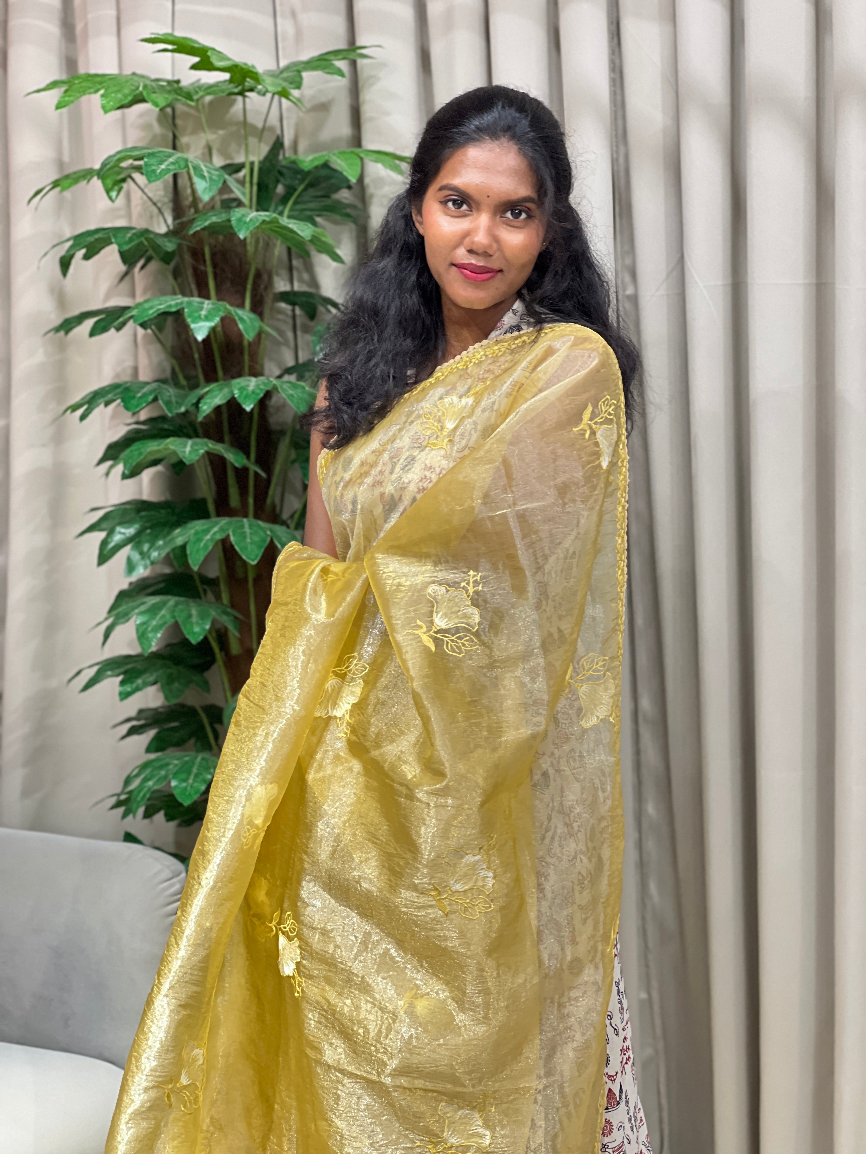 Floral Machine Embroidered Shimmer Organza Saree | BLD1980