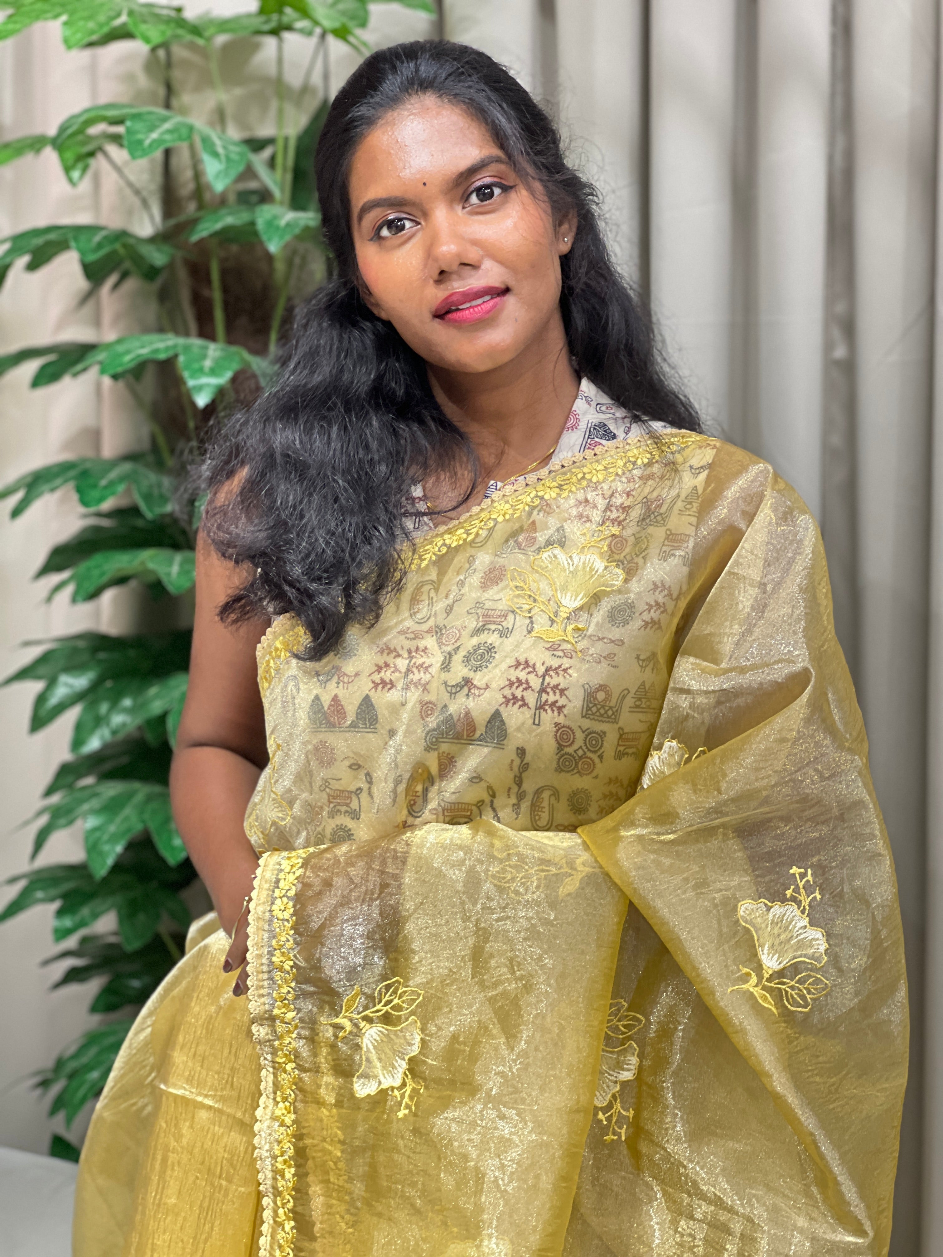 Floral Machine Embroidered Shimmer Organza Saree | BLD1980