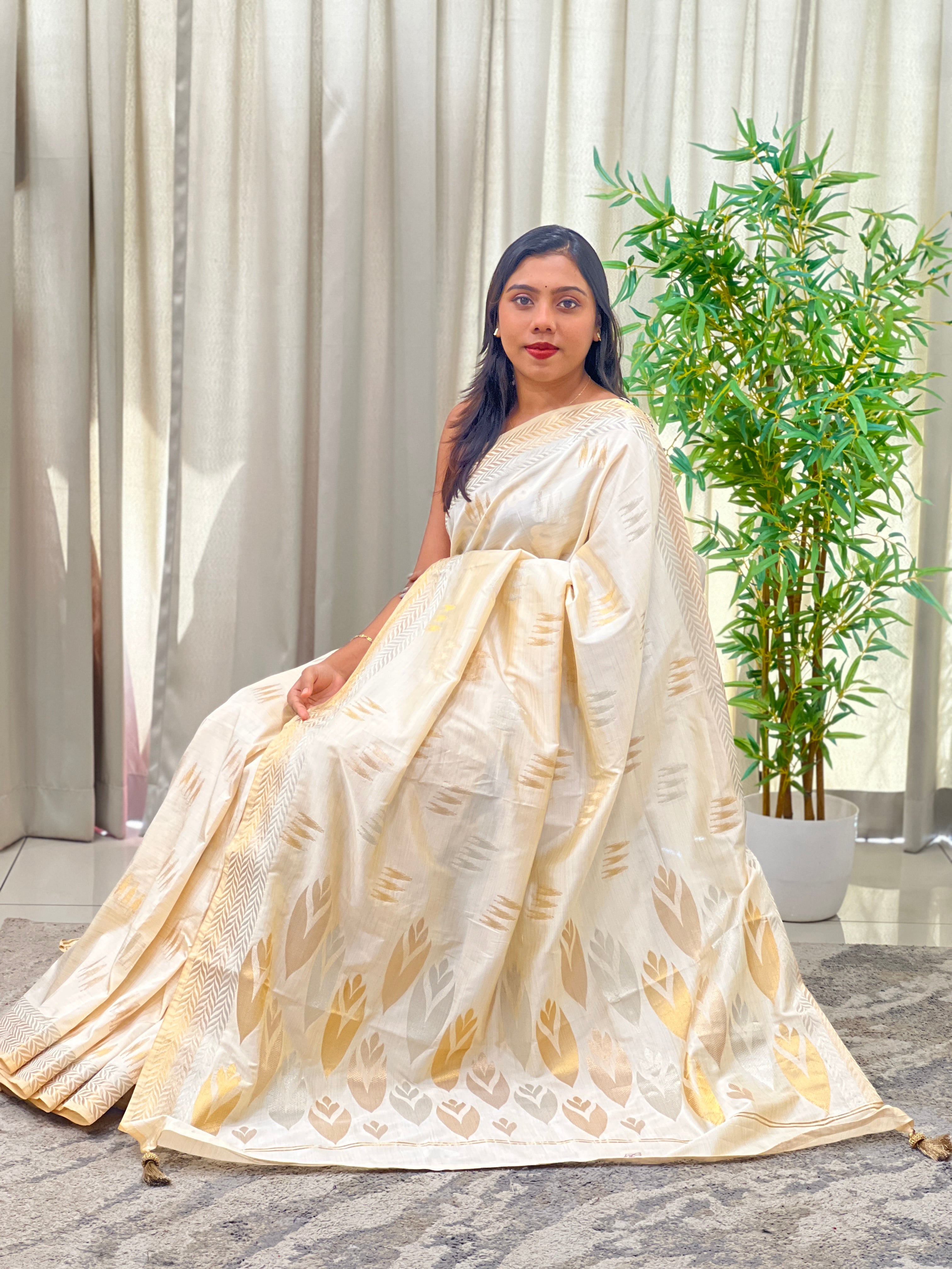 Sliver & Golden Zari Woven Pattern Chanderi Finish Saree | HT464
