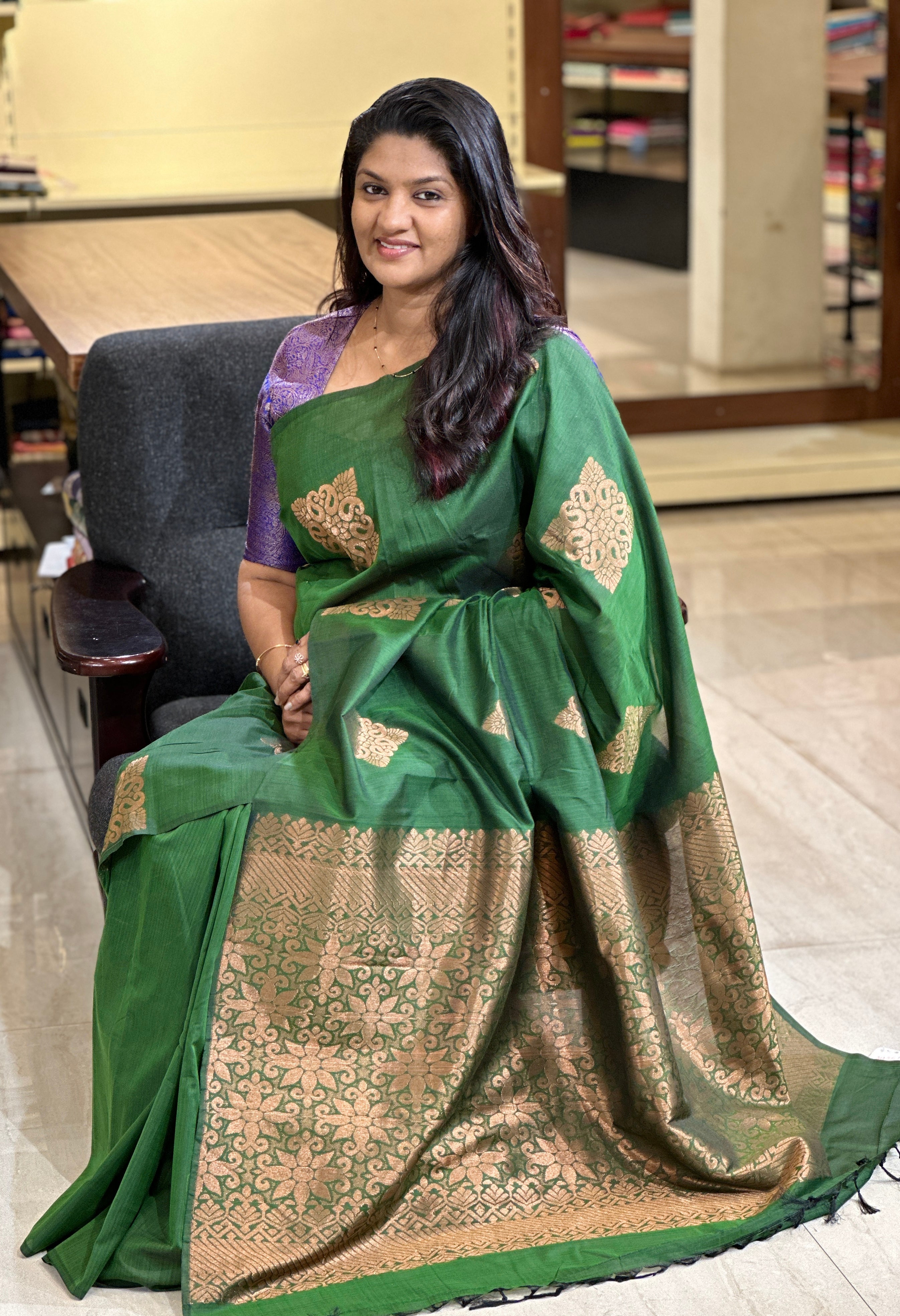 Antique Golden Zari Buta Weaved Chanderi Saree | AHR361