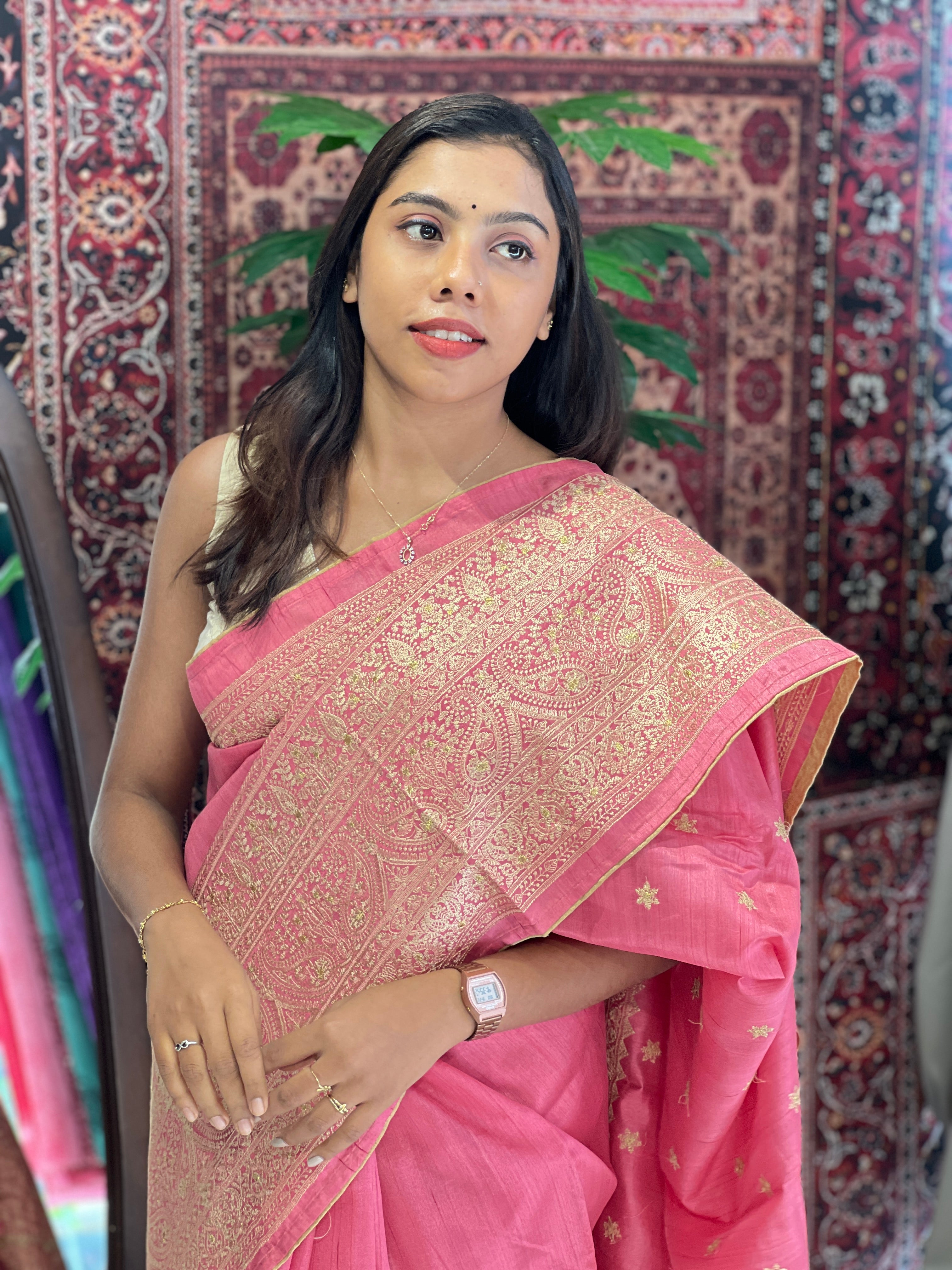Lucknowi Inspired Embroidery Detailed Semi Tussar Saree | SUN441