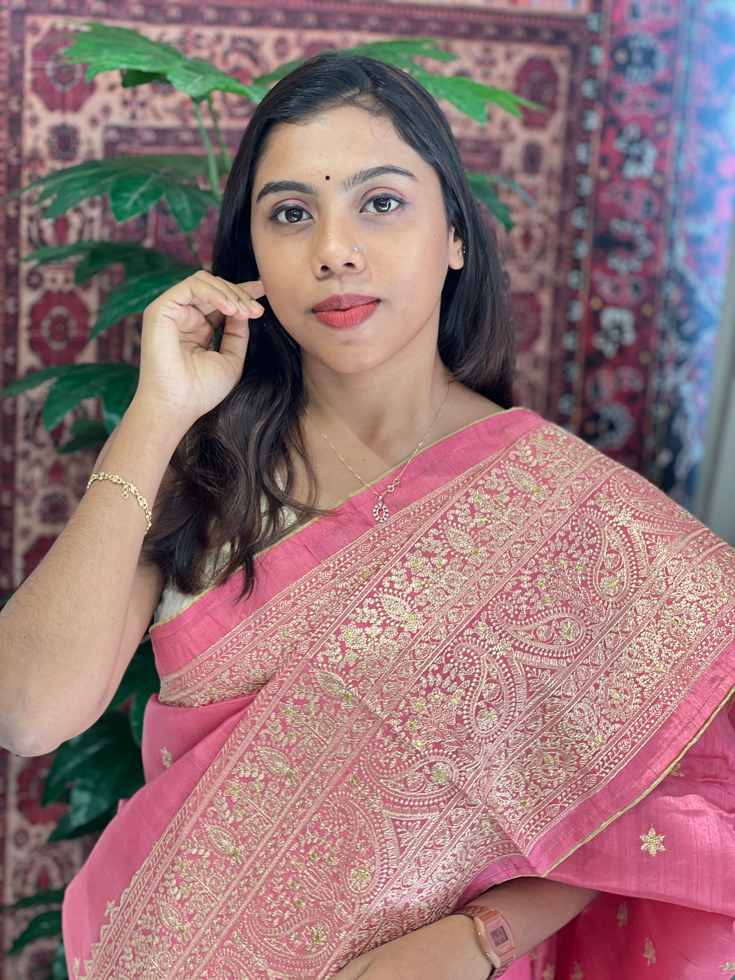 Lucknowi Inspired Embroidery Detailed Semi Tussar Saree | SUN441
