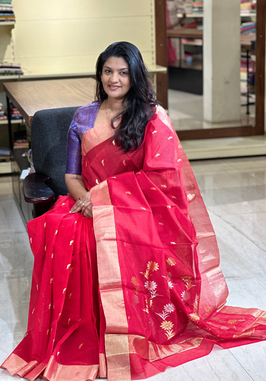 Golden Zari Leaf Buta Weaved Chanderi Saree | AHR322