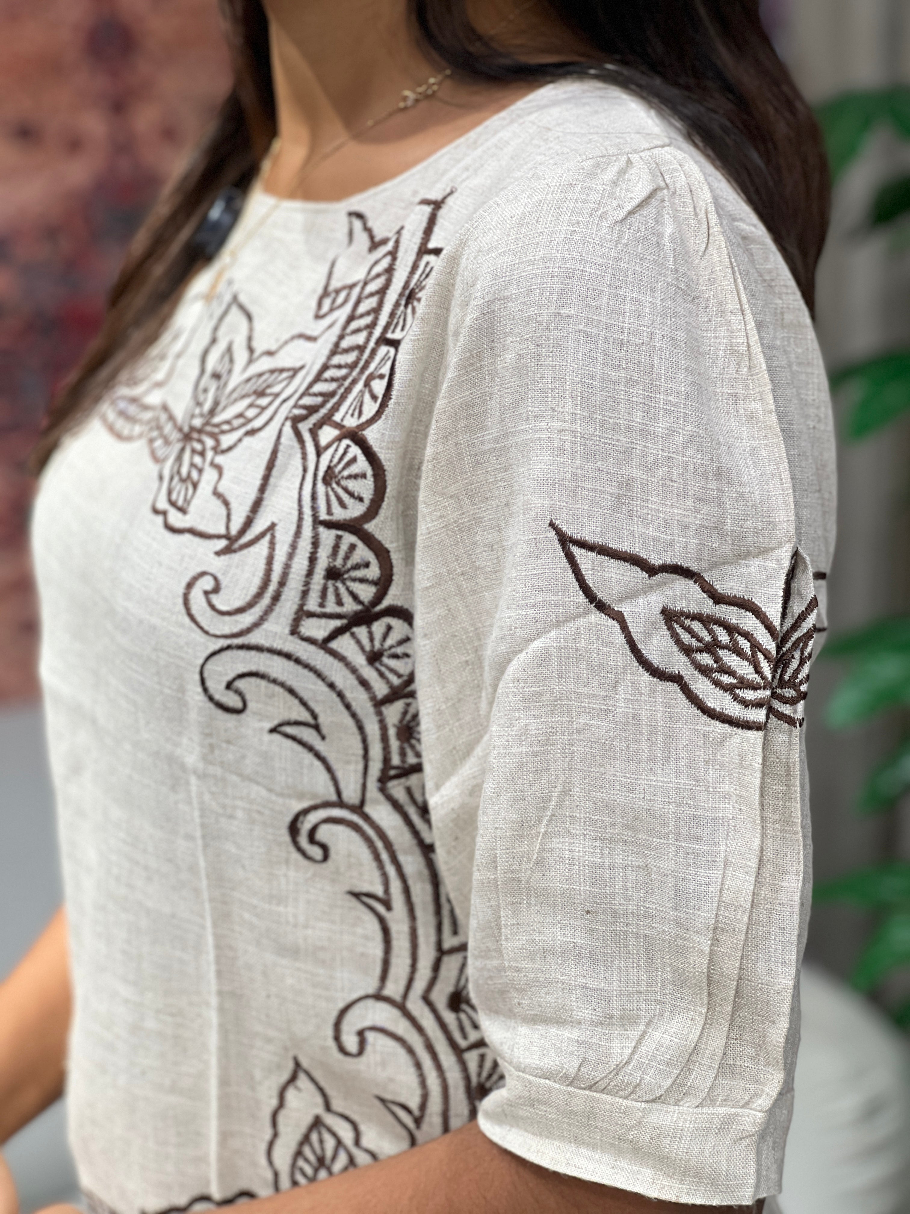 Machine Embroidered Linen-Cotton Short Kurta | PGI254