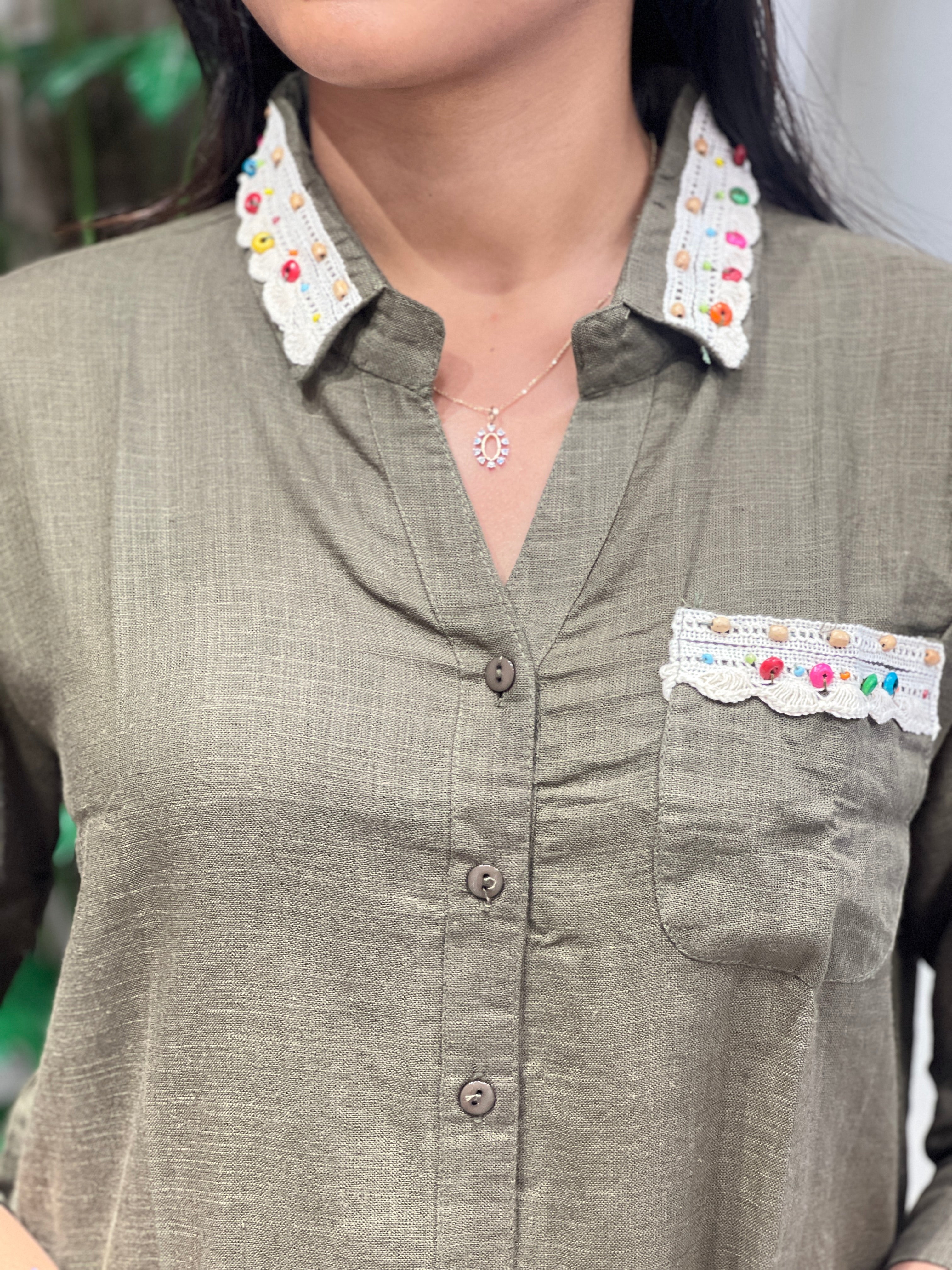 Lace With Embroidery detailed Linen-Cotton Short Kurta | PGI286