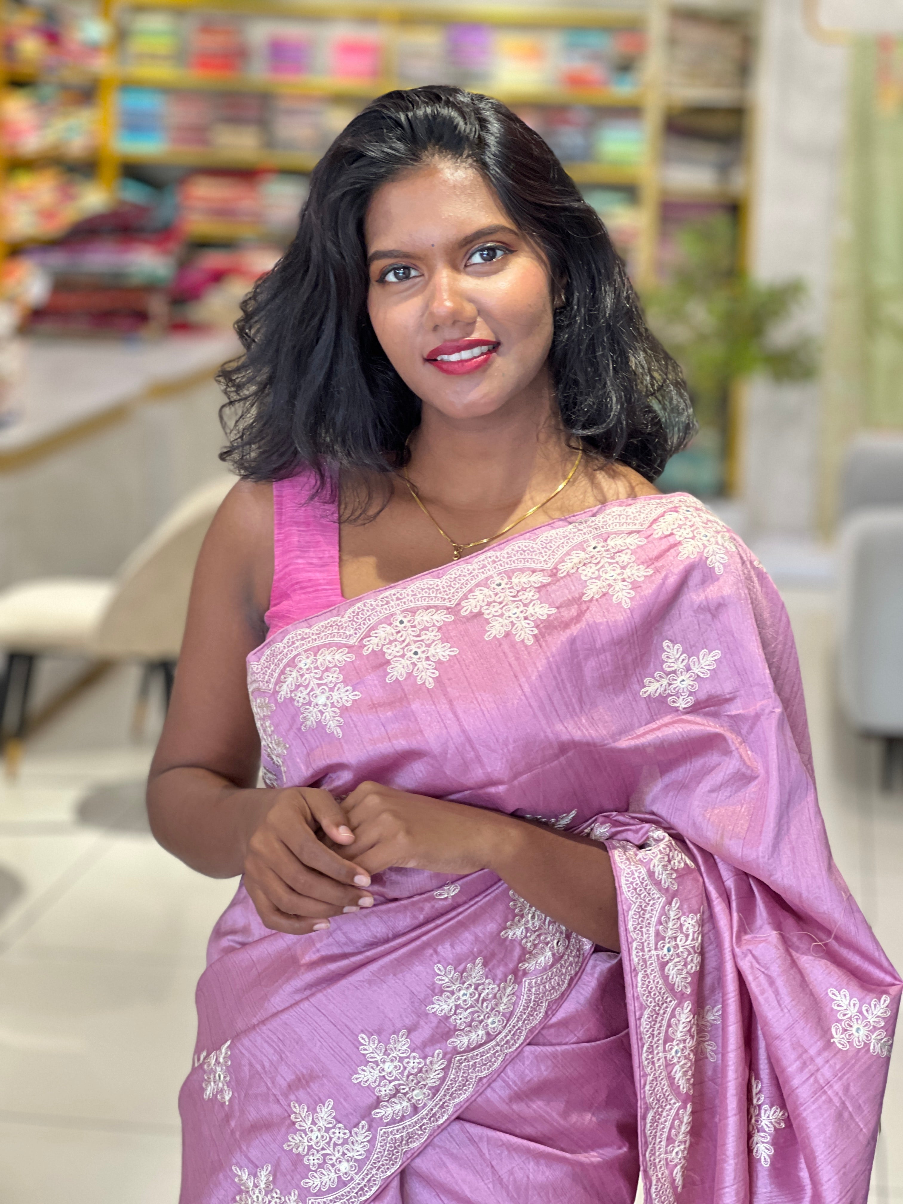 Machine Embroidery Detailed Tussar Finish Saree | RP759
