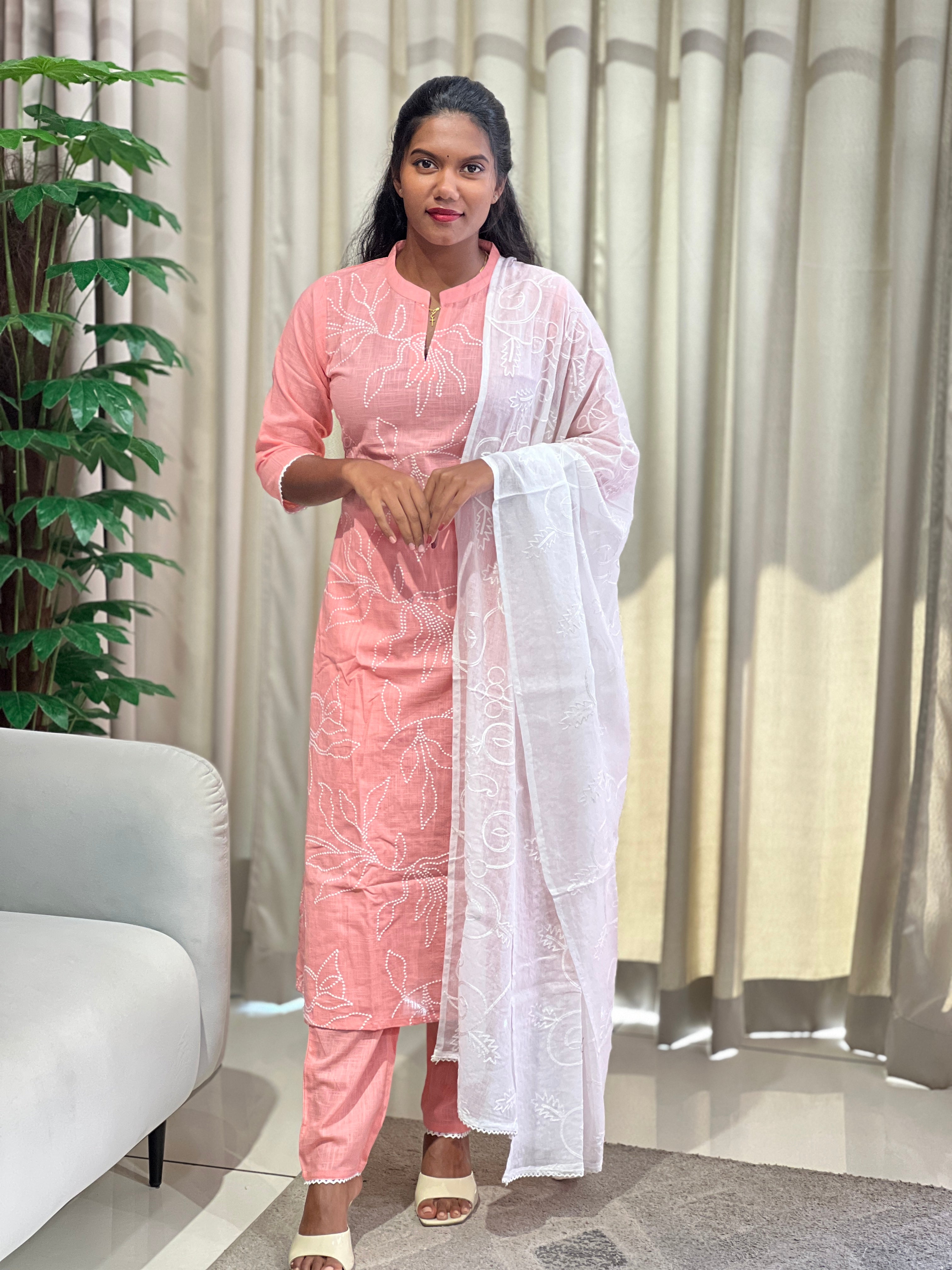 Floral Point Embroidery Detailed Linen Cotton Kurta Set | PGI344