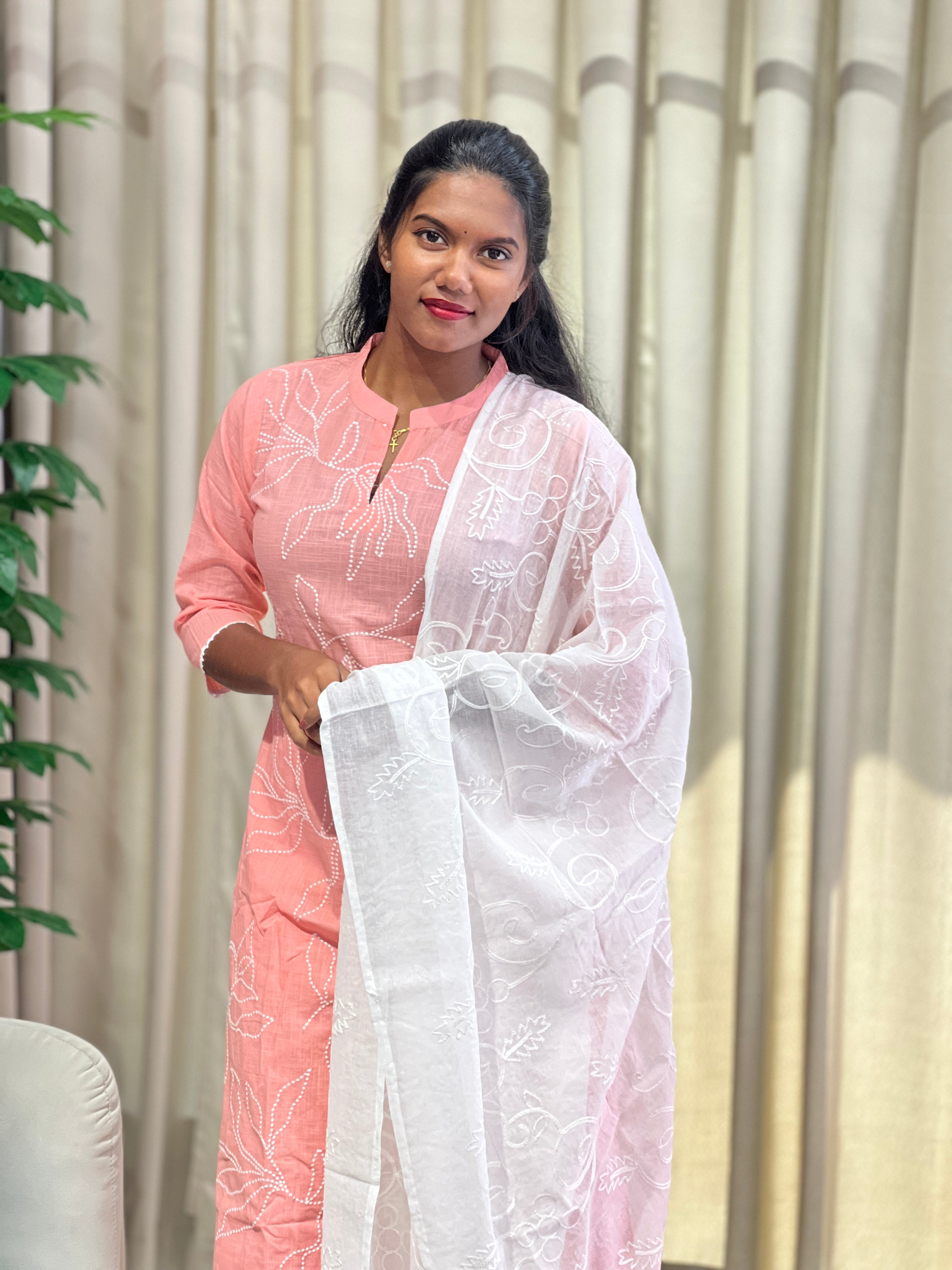 Floral Point Embroidery Detailed Linen Cotton Kurta Set | PGI344