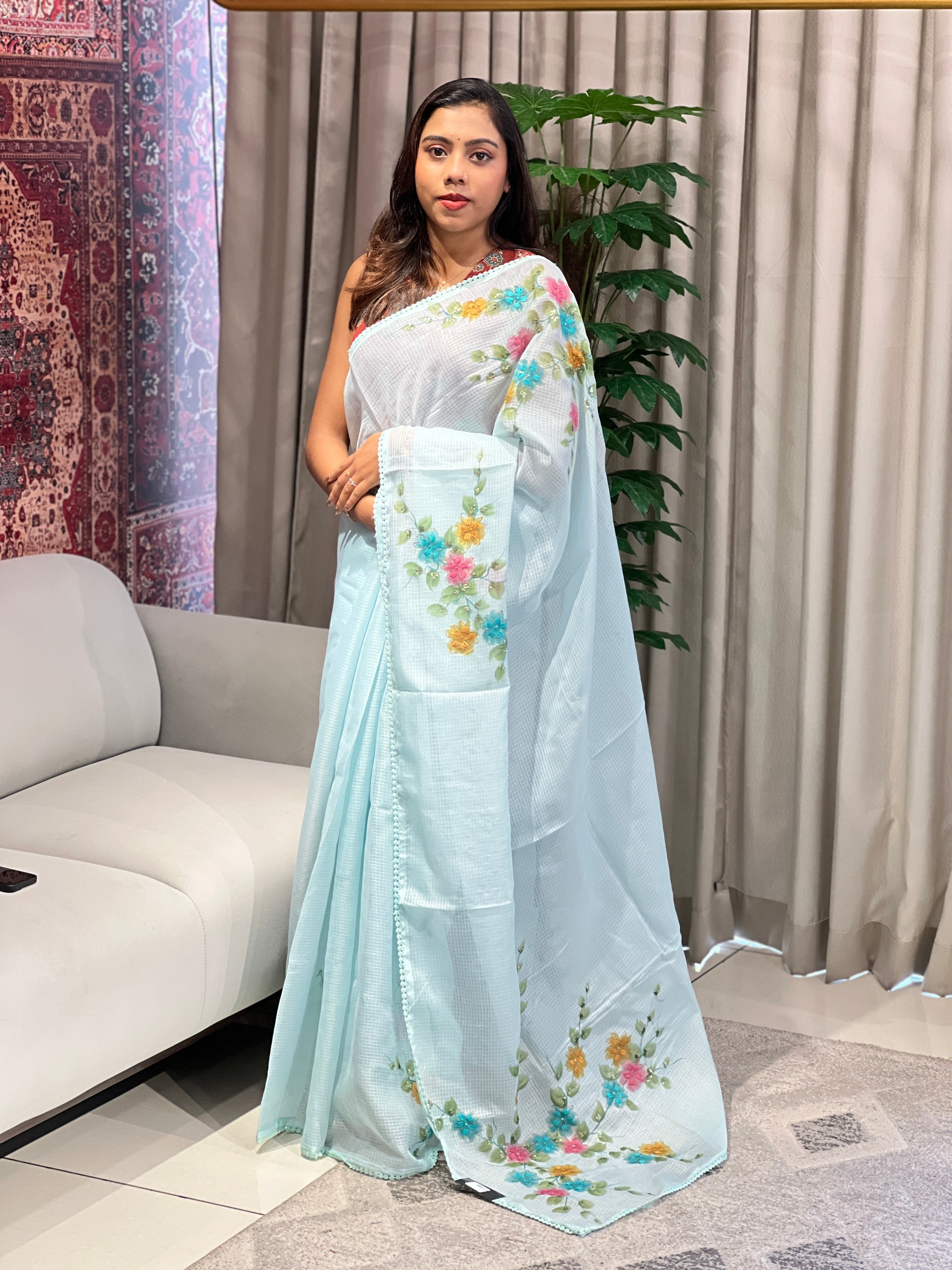 Floral Paint With Embroidery Highlighted Kota Saree | BLD1974
