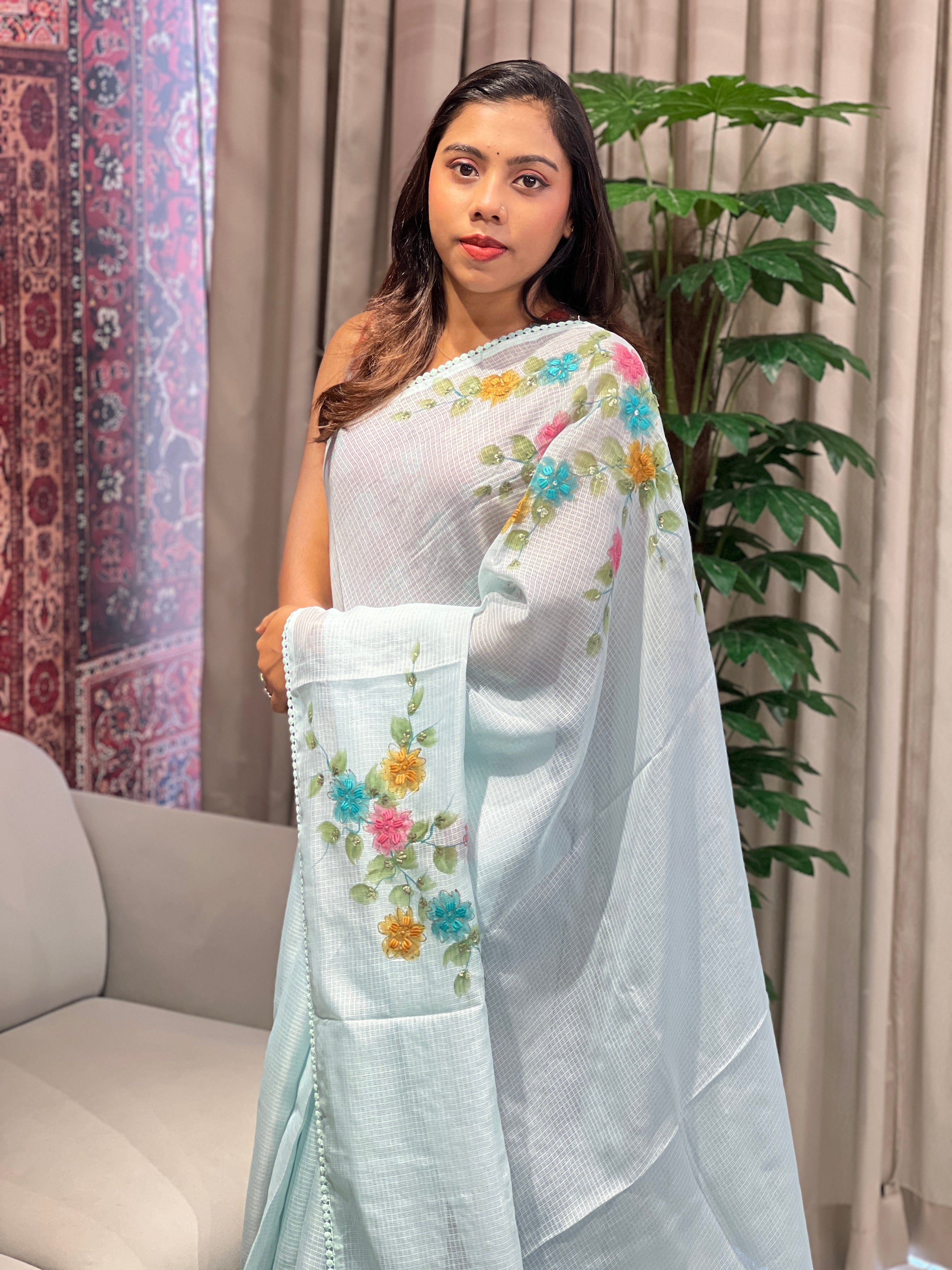 Floral Paint With Embroidery Highlighted Kota Saree | BLD1974