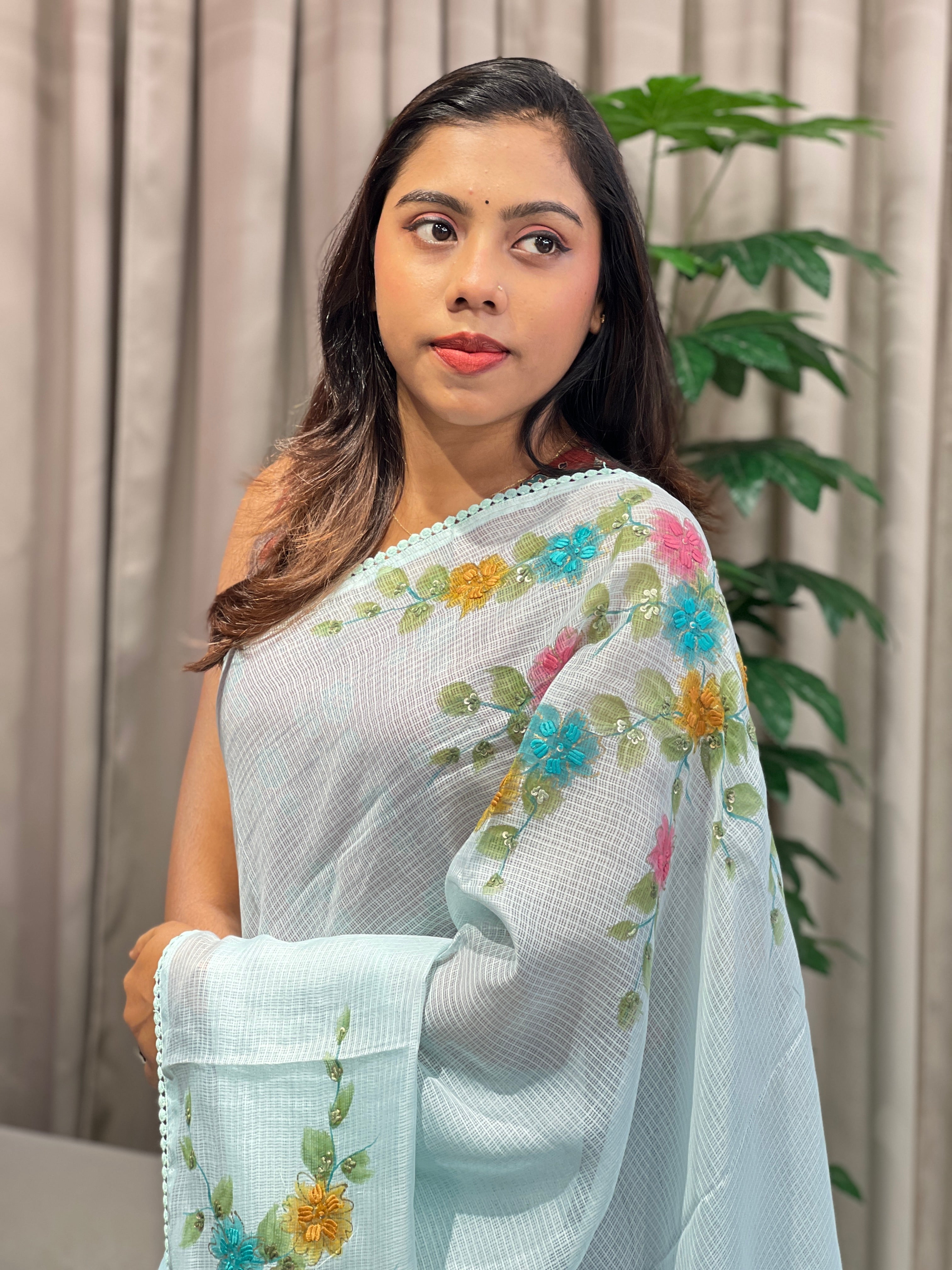 Floral Paint With Embroidery Highlighted Kota Saree | BLD1974