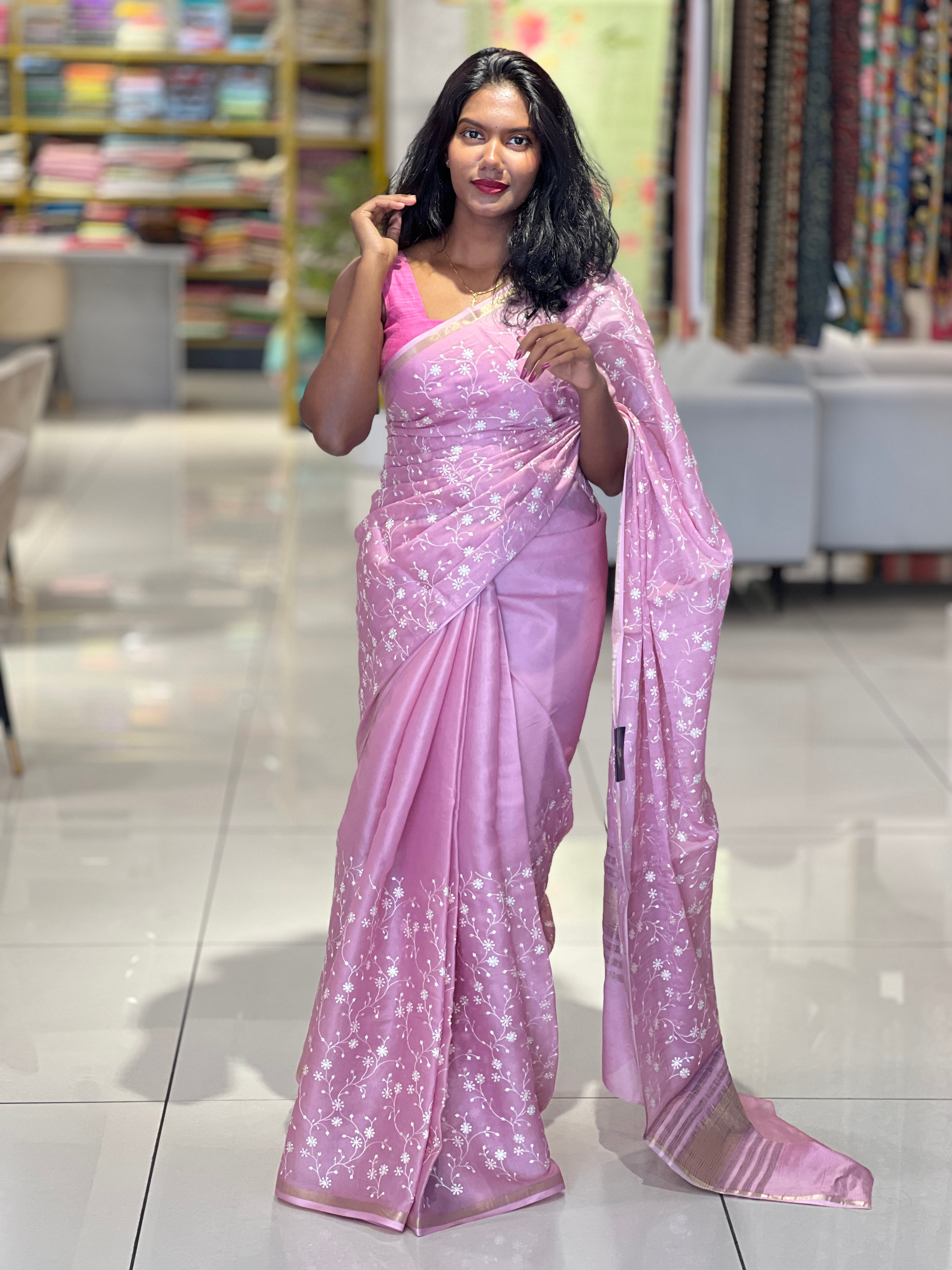 Floral Machine Embroidered Semi Tussar Saree | SUN554