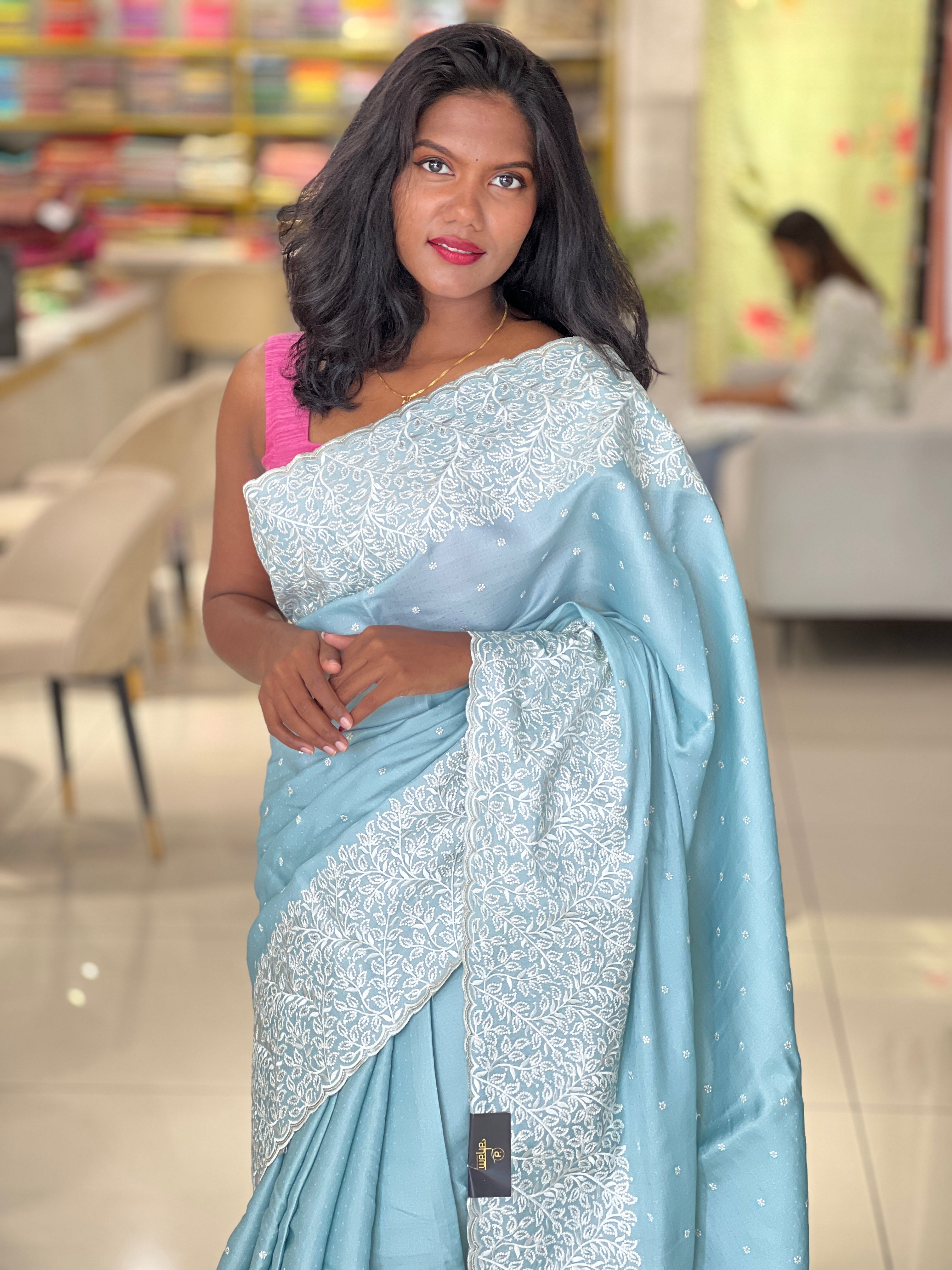 Machine Embroidery Detailed Semi Tussar Saree | SUN546