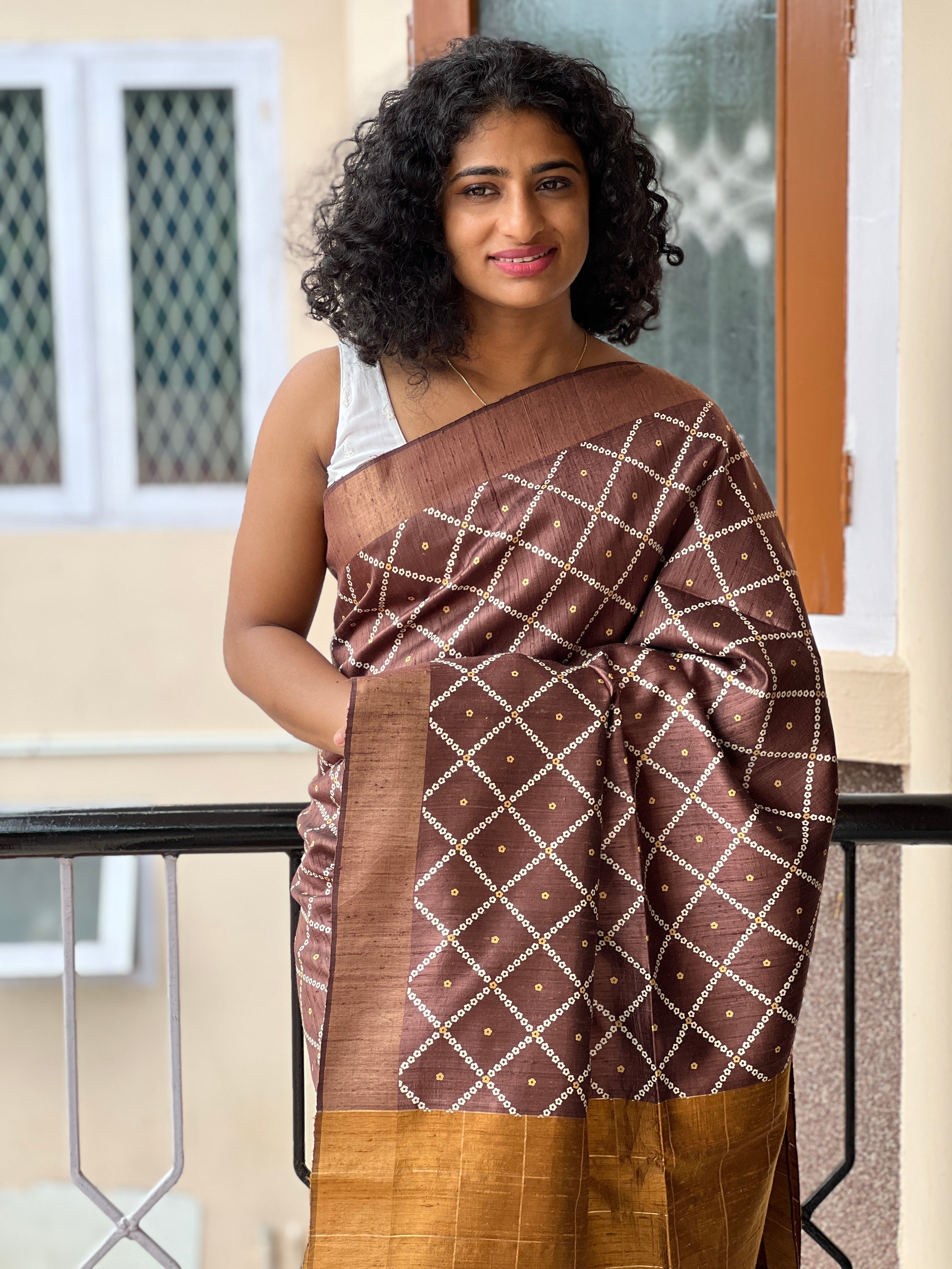 Dupion  Bandhini Check Weaving Zari Border Saree  | HS1107 | Pre Order