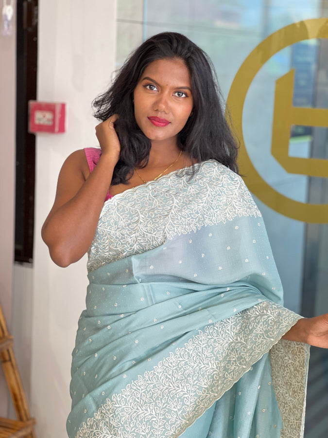 Machine Embroidery Detailed Semi Tussar Saree | SUN546