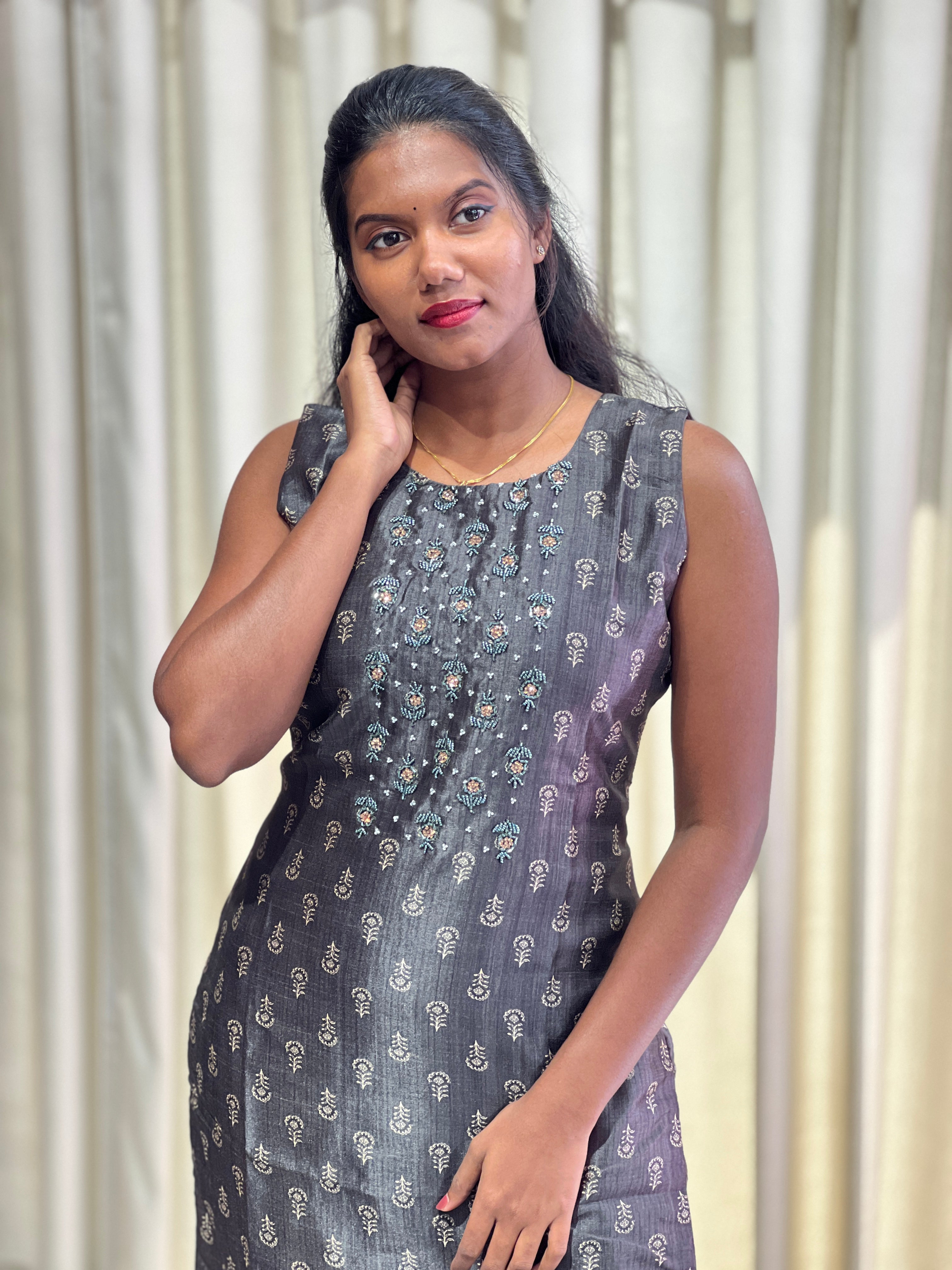 Digital Print With Embroidery Detailed Semi Tussar Kurta | NAI184